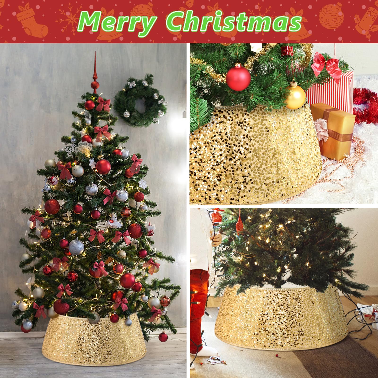 LIHAO Copri Base Albero Natale Oro Glitter, 40×20×60CM, Anello per Albero di Natale