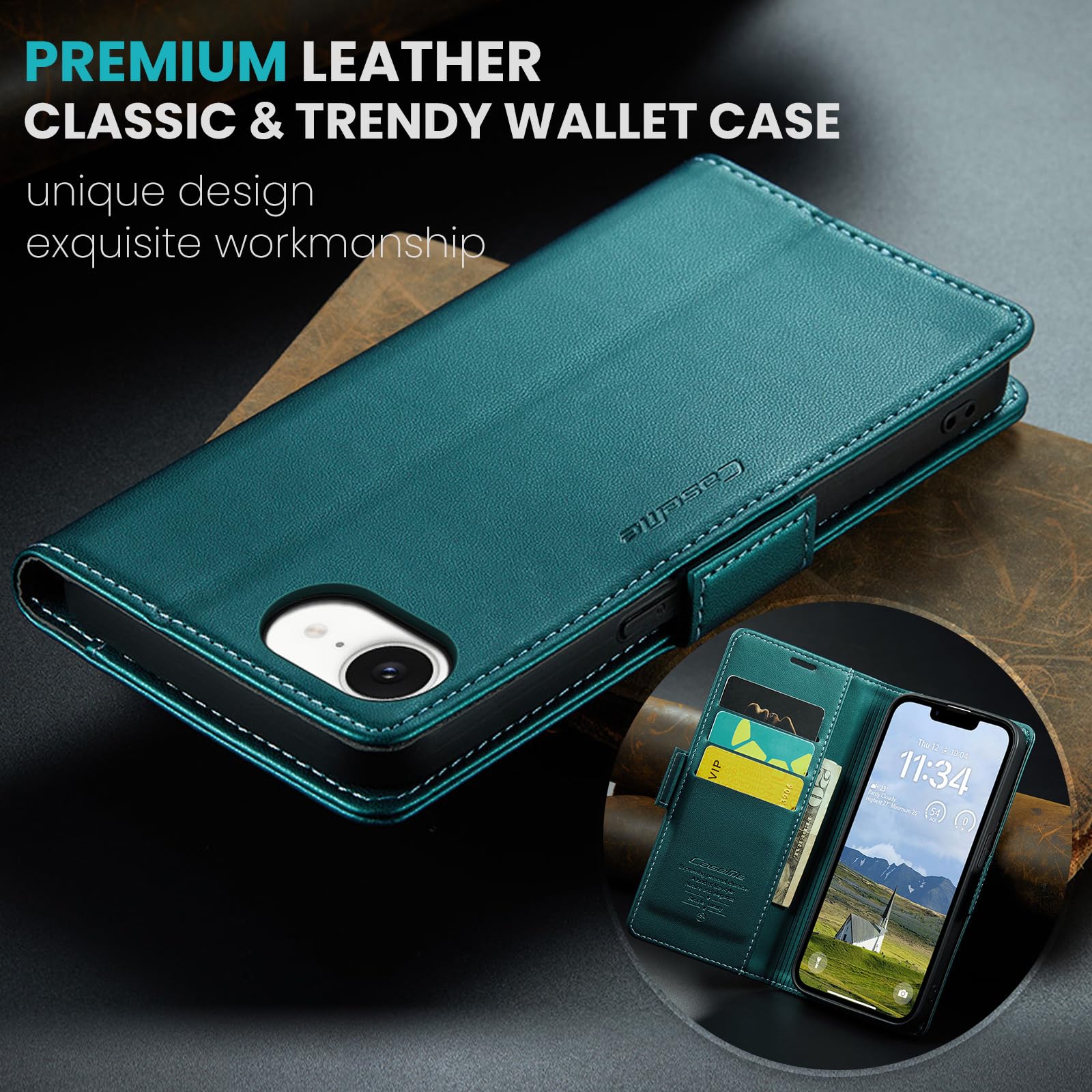 Funda para Apple iPhone 16e, Funda de Cierre Magnético, Cartera de Cuero PU con [Bloqueo RFID], Soporte, Ranura para Tarjetas, Carcasa de Libro, Case para iPhone 16e, Turquesa — view 7