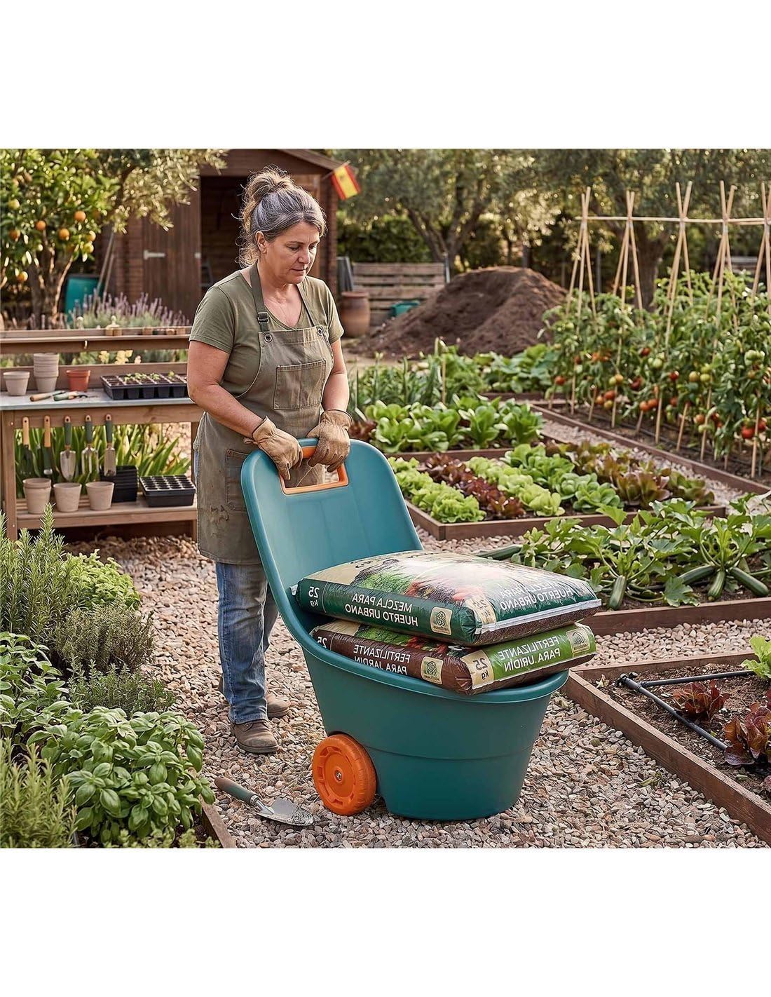 JARDIN202 - Carrito Multiusos de 68 litros Verde/Naranja Jardín, Recolección y Transporte, PVC de Alta Resistencia | 68 litros