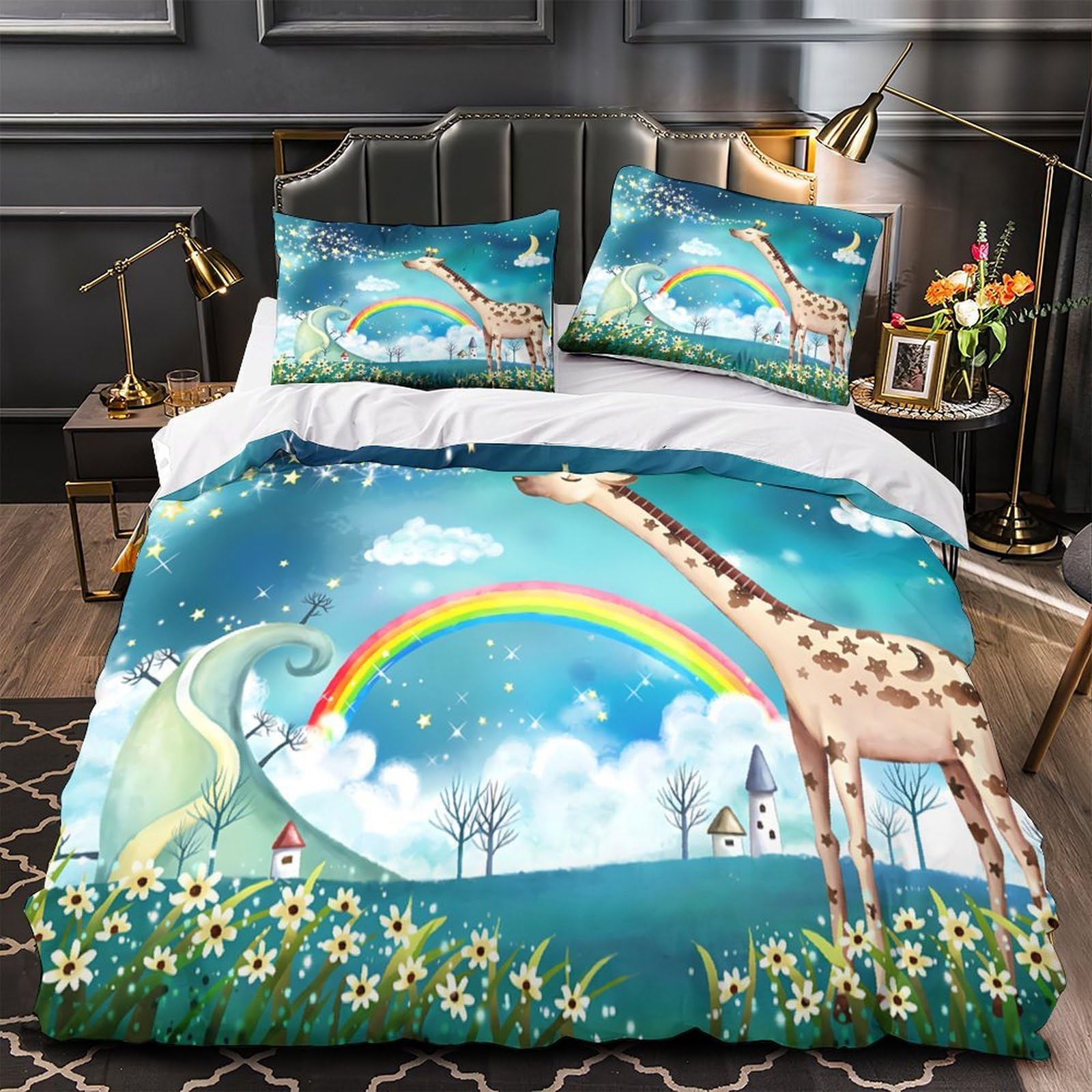 Housse de Couette Girafe 3D Hypoallergique et Douce en Microfibre