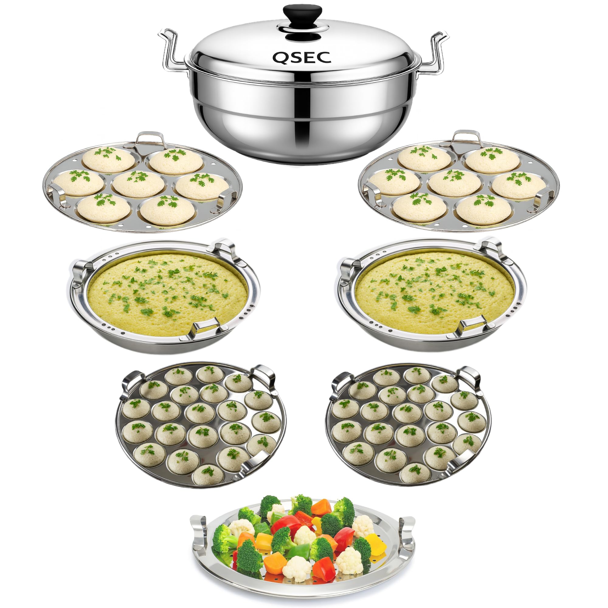 QSEC Stainless Steel Induction Base Idli Maker Multi Kadai Idli Steamer & Idli Cooker With 7 Plates | 2 Mini Idli | 2 Idli | 2 Dhokla | 1 Momo , 5 Liter