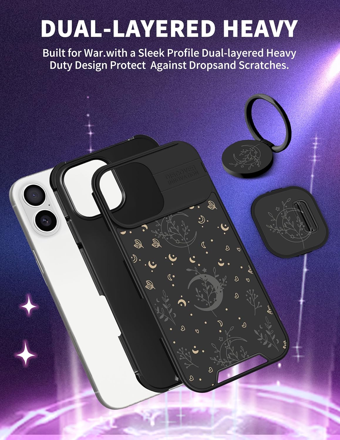 Goocrux for iPhone 16 Plus Case - Women Girls Cute Phone Cover Girly Pretty Fancy Unique Aesthetic Design Slide Camera Cover with Ring Stand Holder Cases for Apple for iPhone 16 Plus,Black Moon Stars - Image 5