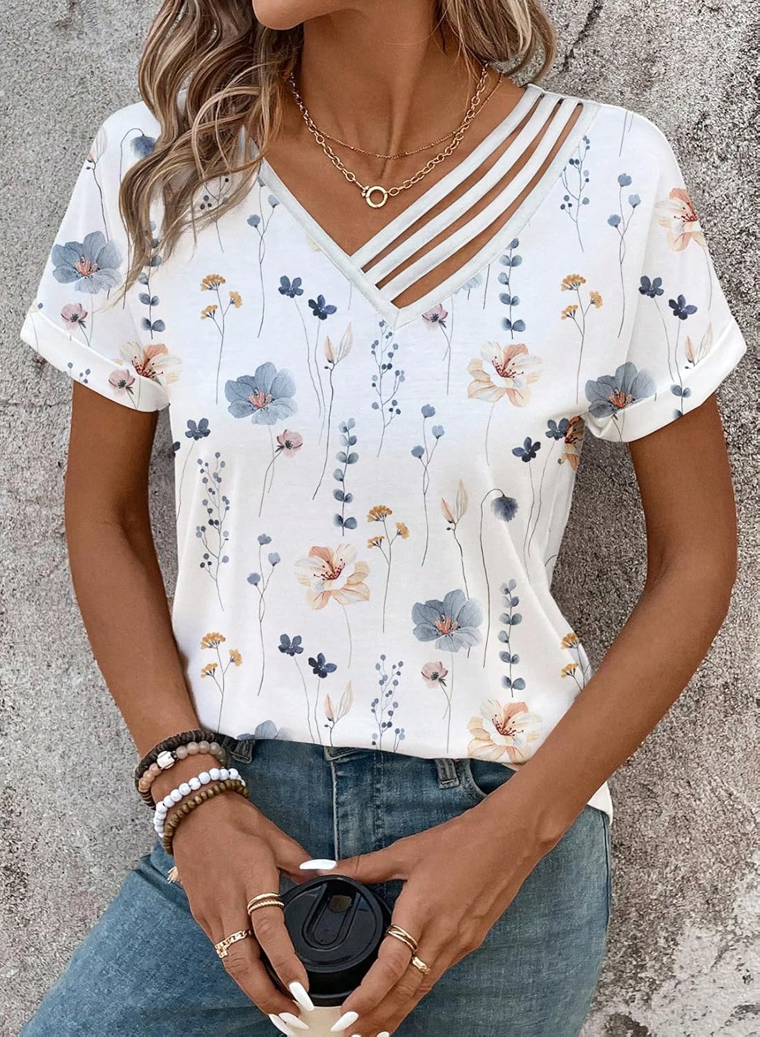 LOLONG Womens Short Sleeve V Neck T Shirts Summer Cut Out Casual Basic Work Tee Tops - Image 2