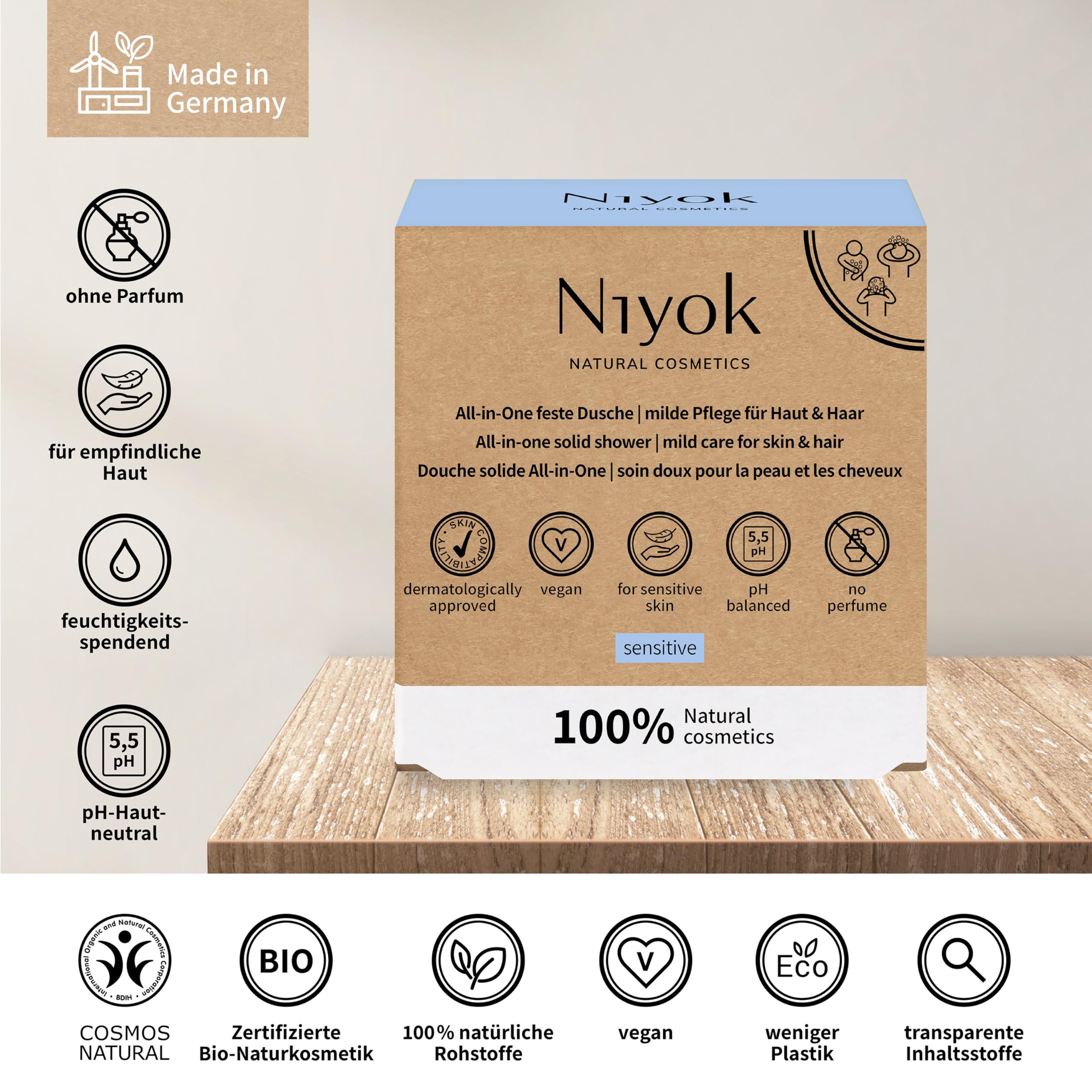 Niyok® All-in-One Shower Skin + Hair Skin-Neutral pH 5.5 Vegan Plastic Free Natural Cosmetics without Plastic Like Shower Soap for Men Organic Sensitive (80 g) - Image 3