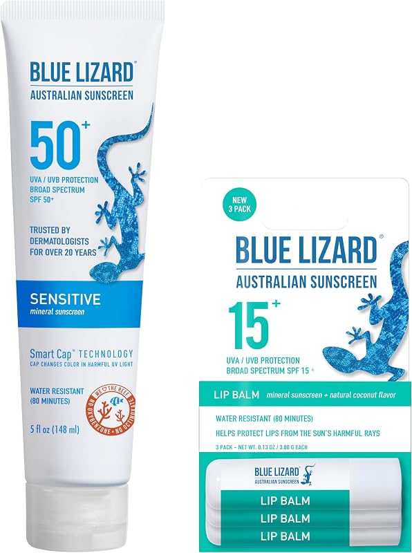 Protetor solar mineral corporal BLUE LIZARD Sensitive FPS 50, 150 mL, e 3 protetores labiais minerais FPS 15 com sabor natural de coco, 3 x 4 g