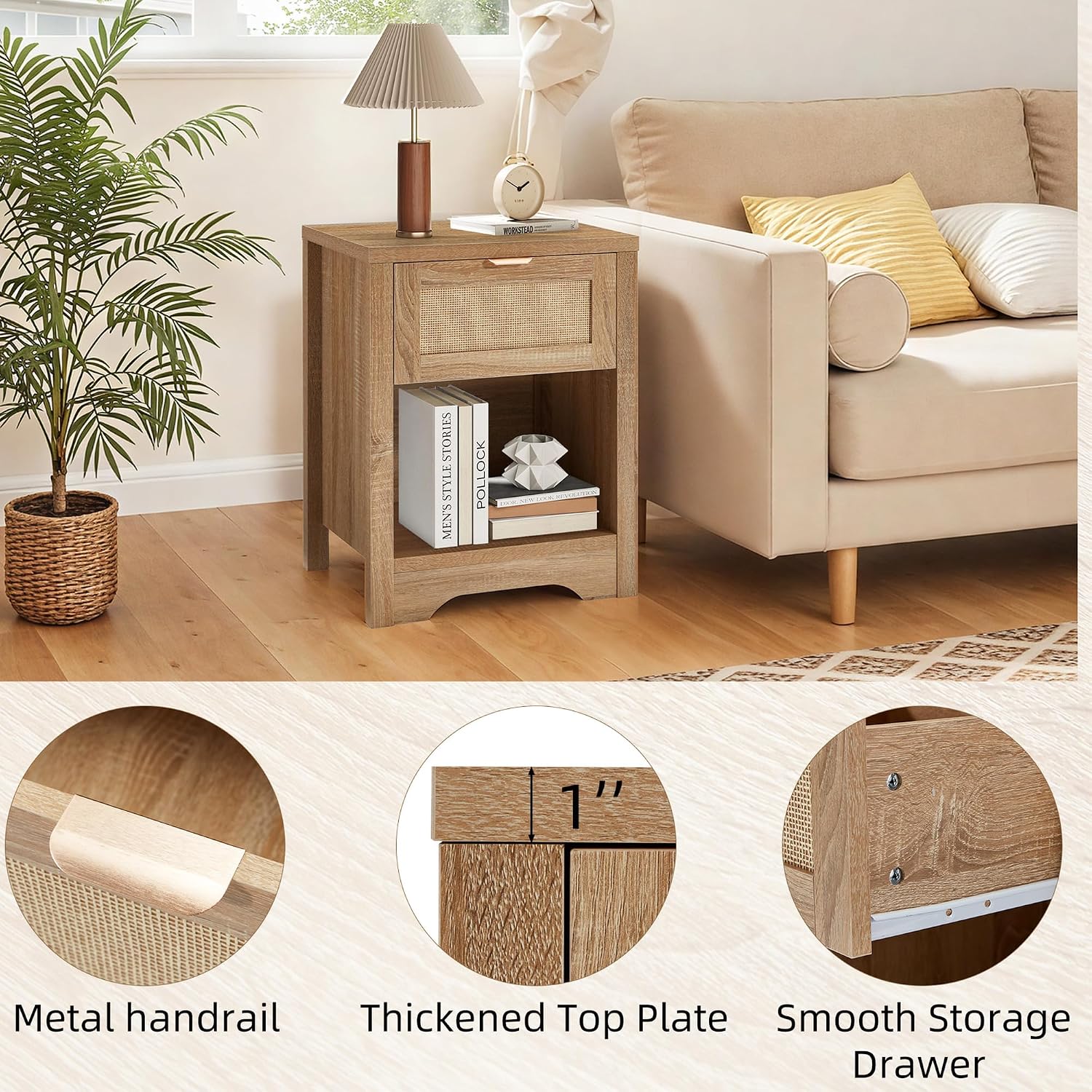 HOMREST Rattan Nightstand, Farmhouse Bedside Table with Drawer & Open Storage Shelf, Boho Night Stand with Metal Handle & Sturdy Frame for Bedroom, Living Room （ Light Brown）