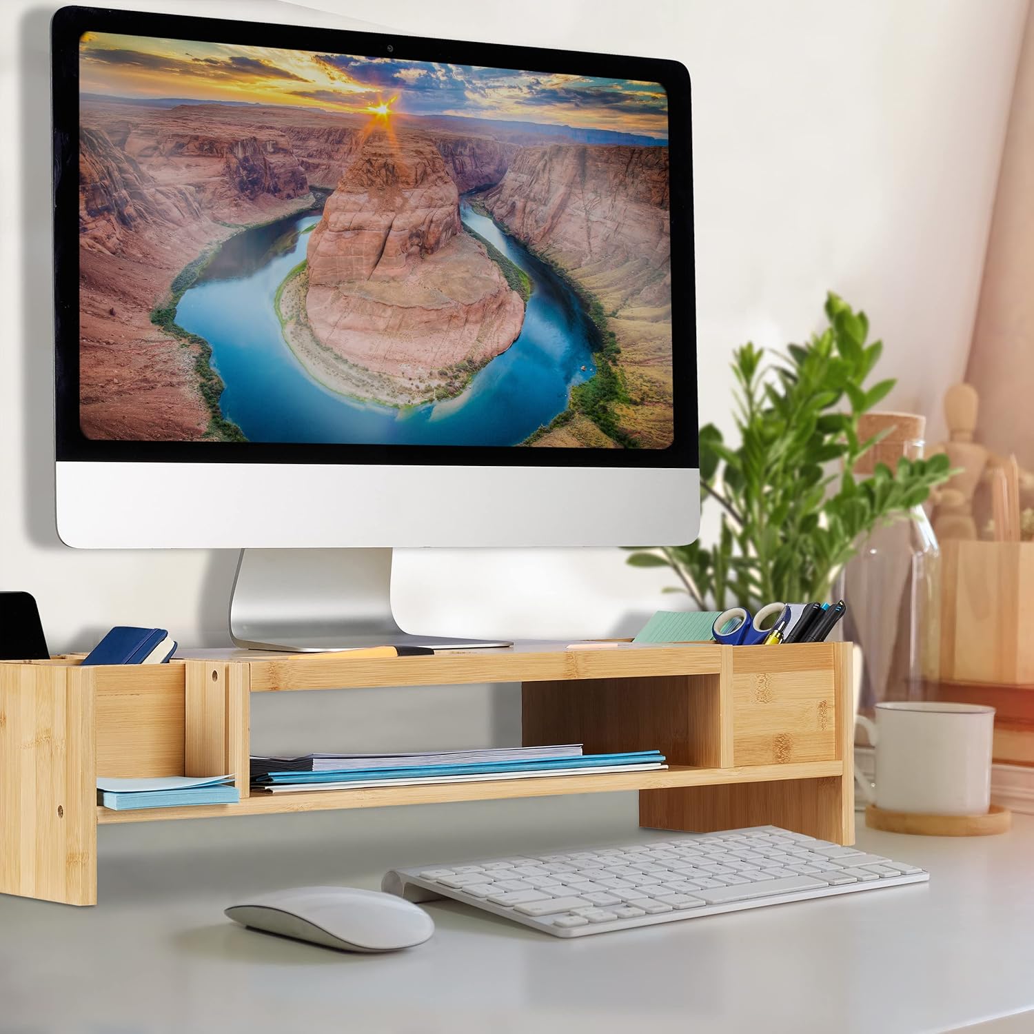 Relaxdays Monitor Stand Bamboo, Screen Raiser with Compartments, HWD 15.5 x 62.5 x 28cm, Display Base Desk, Natural Wood, 1