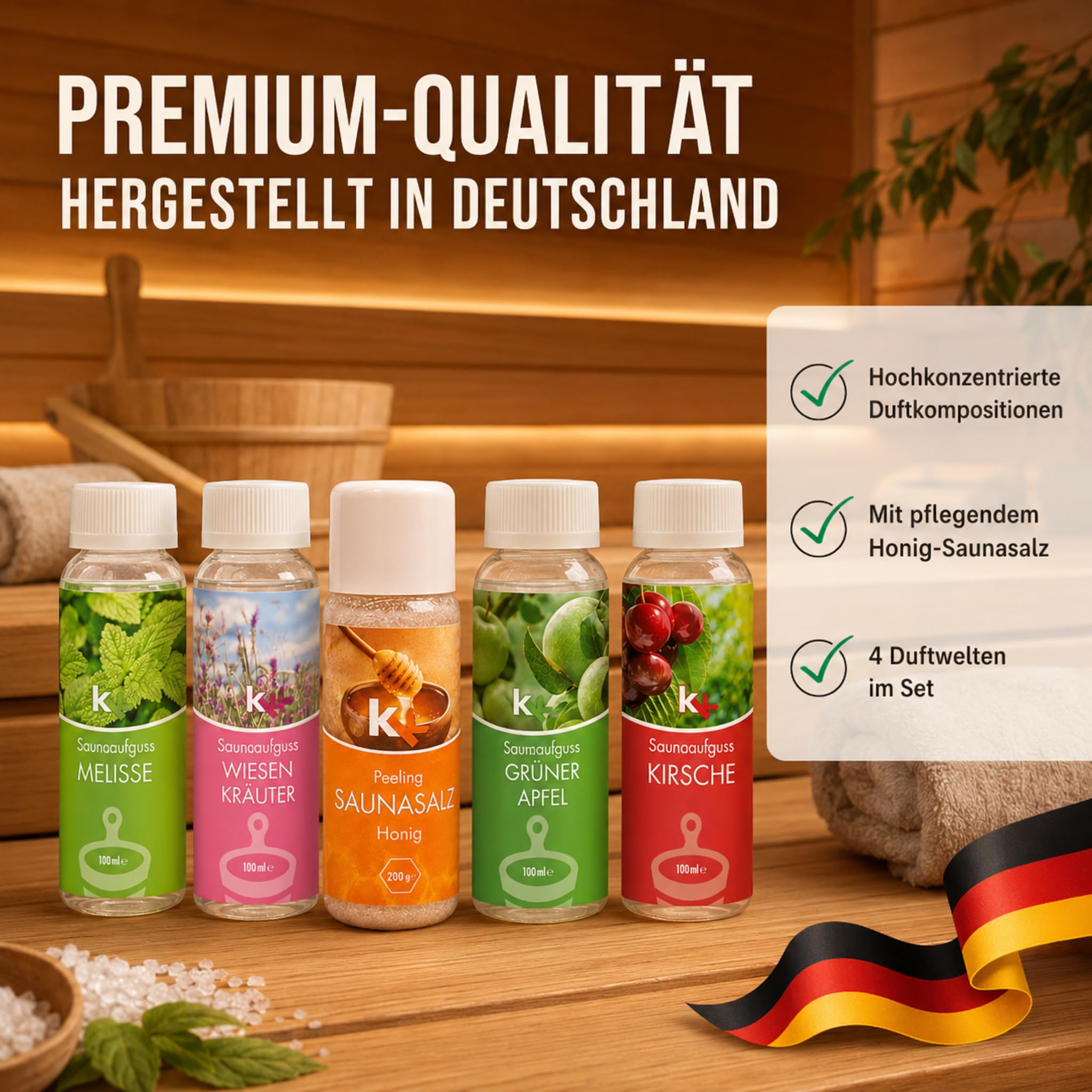 Saunaaufguss Set Altes Land 4x100ml + Honig Saunasalz Peeling – Melisse, Wiesenkräuter, Grüner Apfel & Kirsche – Hochkonzentriert – Fruchtig-frisches Sauna Geschenkset – Made in Germany