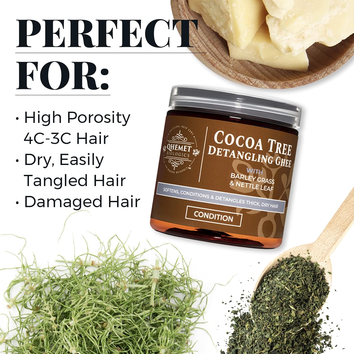 Qhemet Biologics Cocoa Tree Detangling Ghee - Softening Detangler Ideal for High Porosity 4C-3C Hair - Makes Combing Easier & Restores Pliability, Elasticity & Softness to Dry, Matted Hair (9 oz) : Beauty & Personal Care