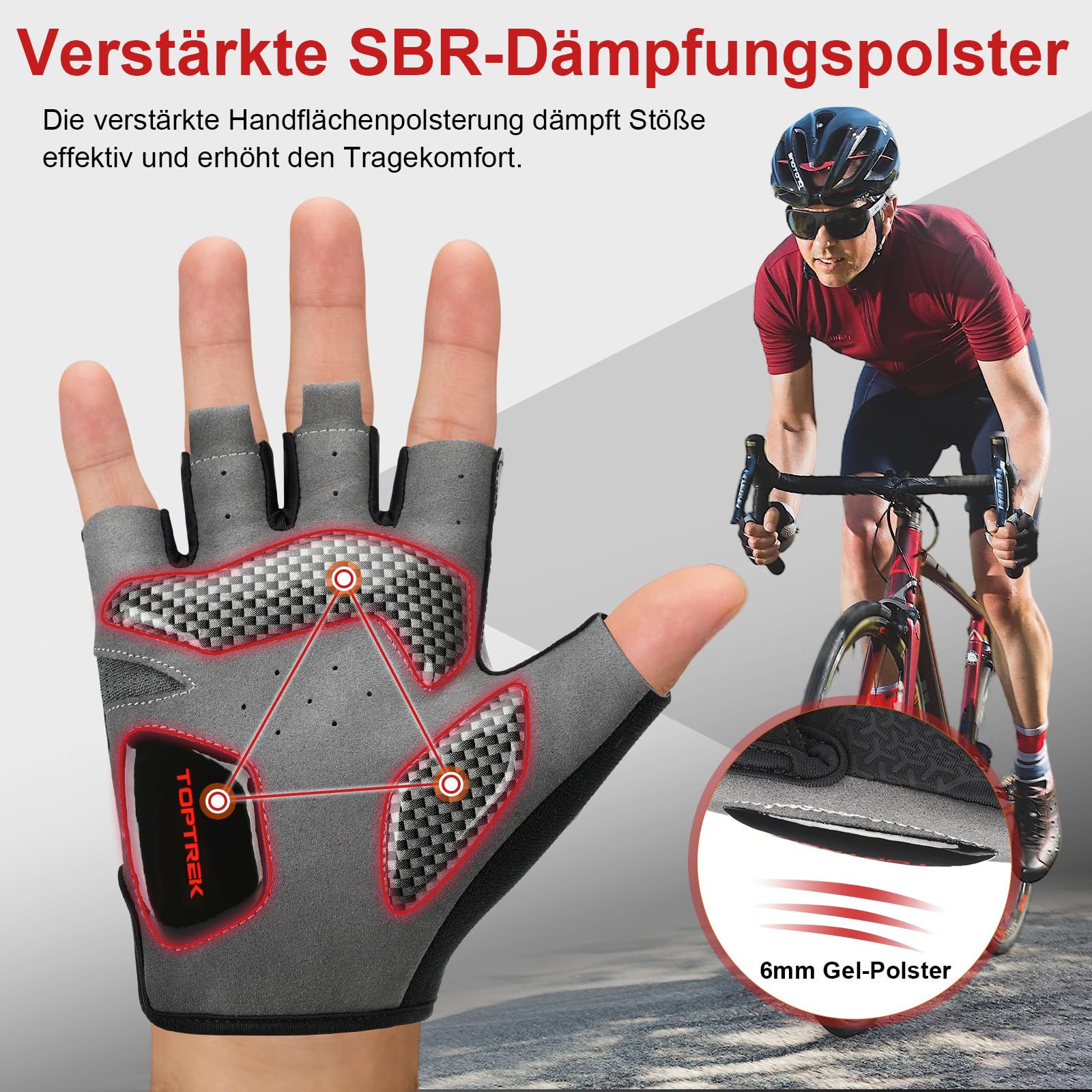 toptrek Rękawiczki rowerowe dla mężczyzn i kobiet, rękawice MTB 6 mm, wyściełane SBR - oddychające półpalce, na lato, antypoślizgowe i amortyzujące uderzenia rękawice rowerowe do rowerów wyścigowych