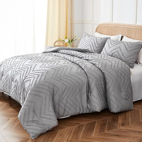Miniatura 2 de Move Over Juego de edredón tamaño Queen de color gris claro, juego de edredón de 3 piezas, suave y esponjoso, diseño de rayas onduladas, estilo