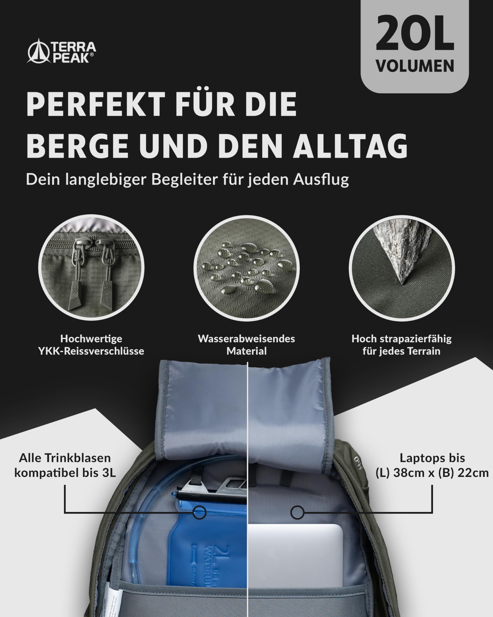 Terra Peak® Zaino da Trekking 20 litri per uomo e donna (FLEX 20 PICCOLO) - Zaino da escursionismo, viaggio e montagna da esterno ergonomico e impermeabile - con ventilazione posteriore (traspirante)