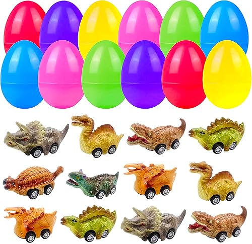 Cherislpy Paquete de 12 huevos de Pascua con diseño de dinosaurio, recuerdos de fiesta de vacaciones para niños y niños pequeños rellenos de cesta