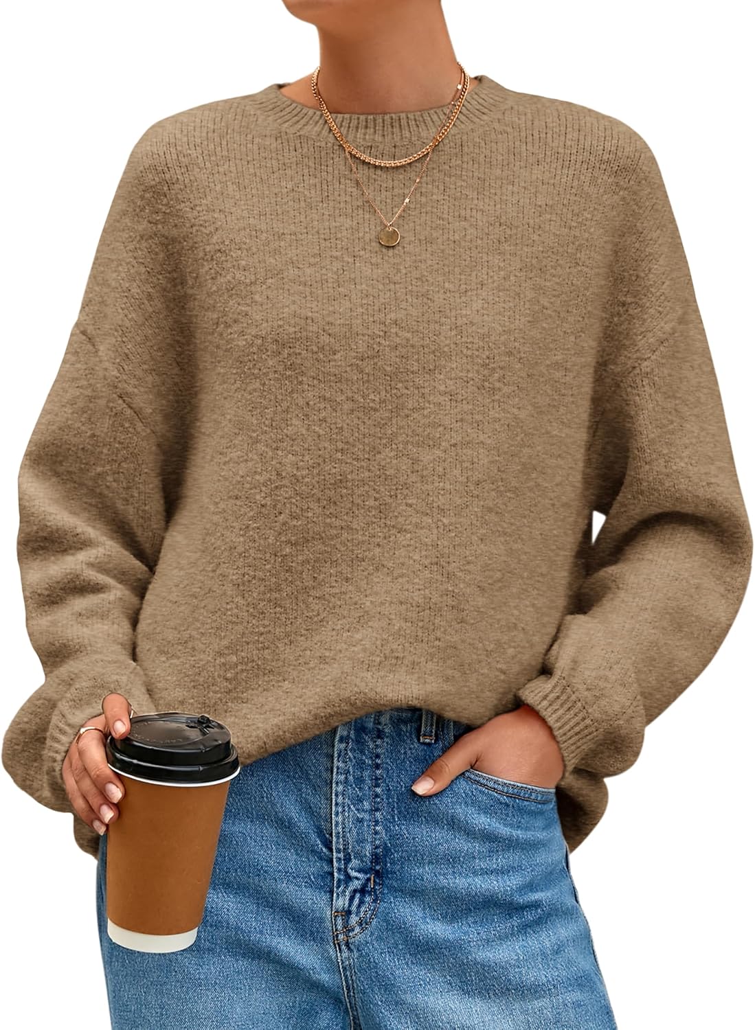 MASCOMODA Long Sleeve Crewneck Pullover Oversized Sweaters for Women Fall 2026 Casual Loose Fuzzy Chunky Knitted Jumper Tops