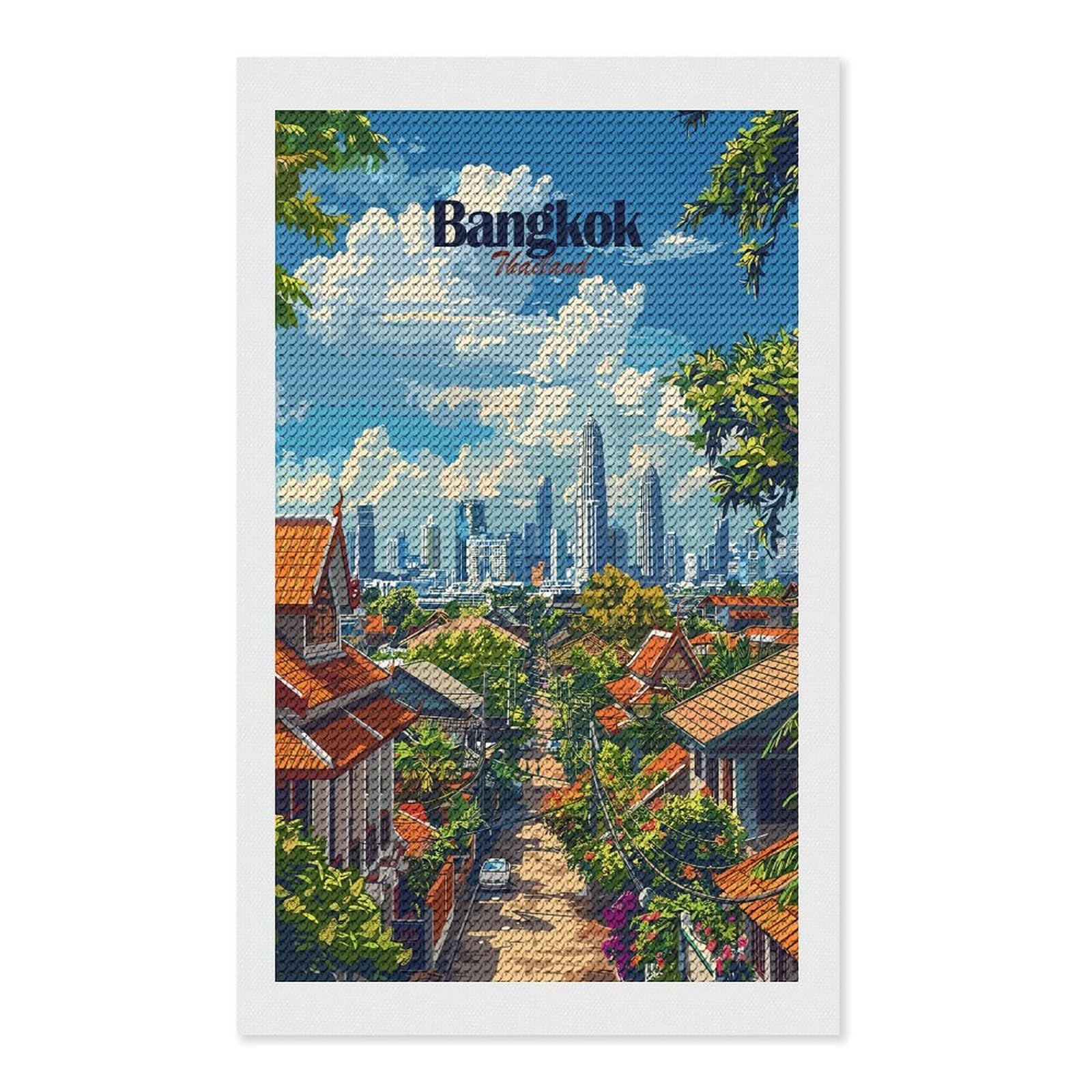 Junmoney Bangkok Cityscape DIY Diamond Art Canvas Kit 12"x20", Farmhouse Decor, Vintage Style Decor, Handmade Wall Decor, Canvas Picture