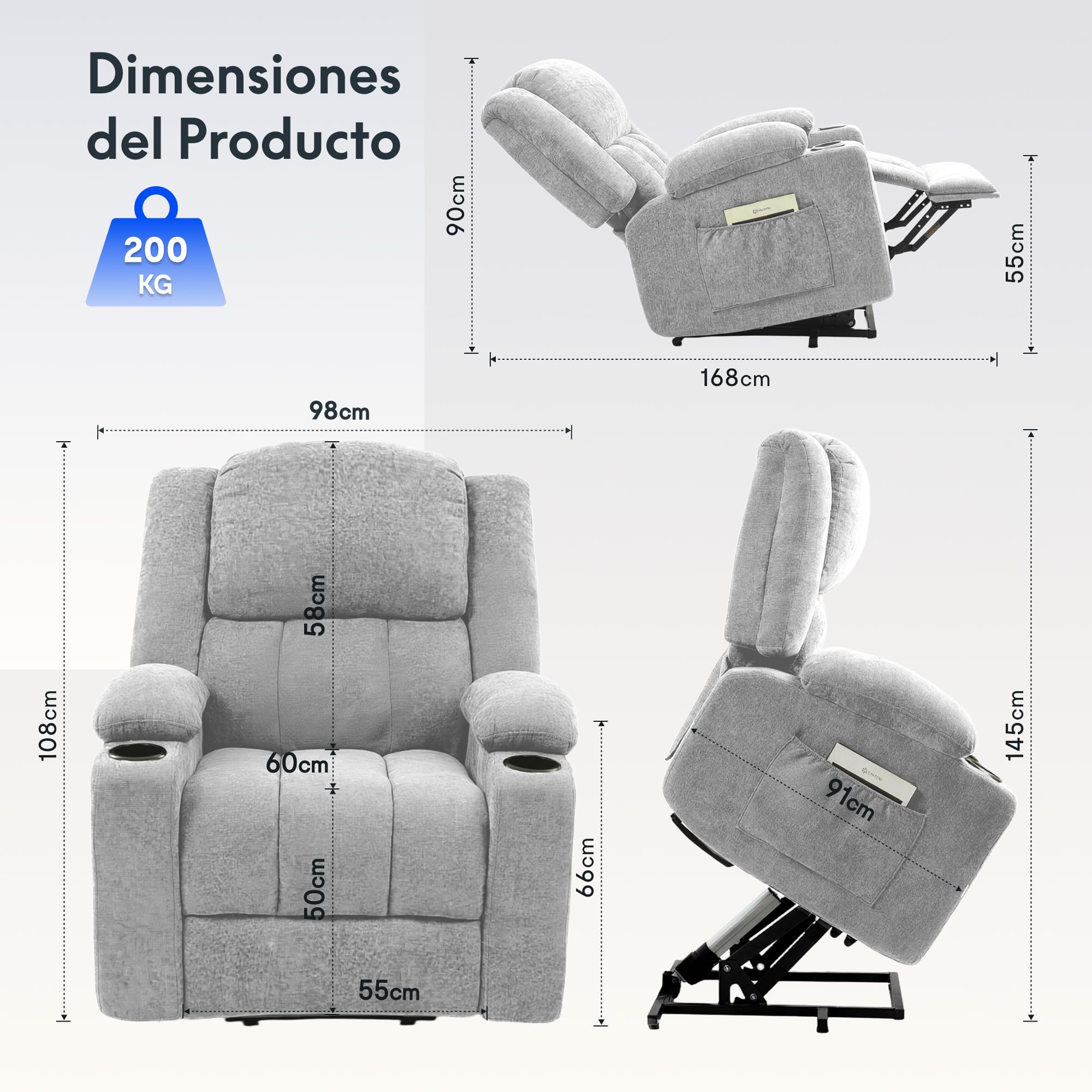 FLEXISPOT XL6 Sillón Relax Eléctrico con Levantapersonas, Masaje 8 Puntos y Calor, Reclinable 105°-165°, USB y Type-C, 2 Portavasos y Bolsillos, Sofá Individual Acolchado, hasta 200 kg, Gris Claro