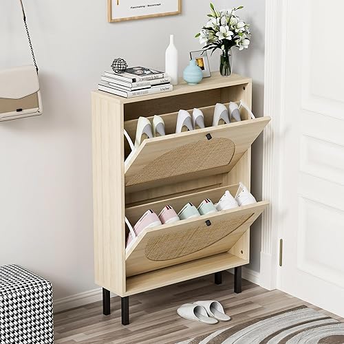 Miniatura 3 de Zapatero de ratán con 2 cajones abatibles, zapatero de 2 niveles, organizador de almacenamiento de zapatos de madera natural bohemio para entrada,