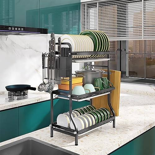 Miniatura 2 de LONONE Escurridor de platos que ahorra espacio de 2 niveles para encimera de cocina, bandeja escurridor de platos de acero inoxidable con soporte