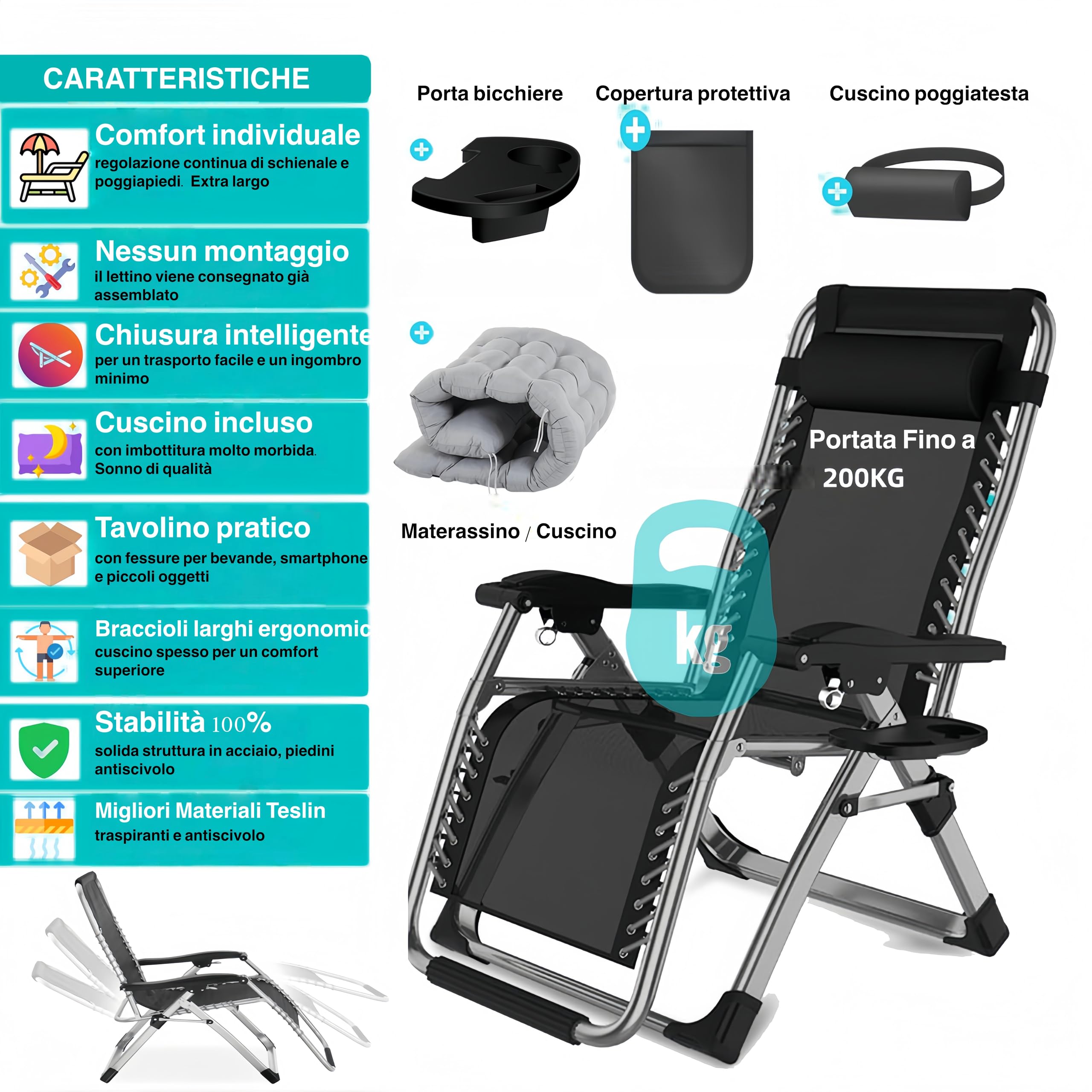 Tumbonas Plegable Jardin Exterior 65cm Ancho Hasta 240KG, Silla Reclinable Jardín con Cojín, Funda y Portavasos, Transpirable Ligera, Tumbona Gravedad Cero Aluminio para Terraza, Piscina y Playa