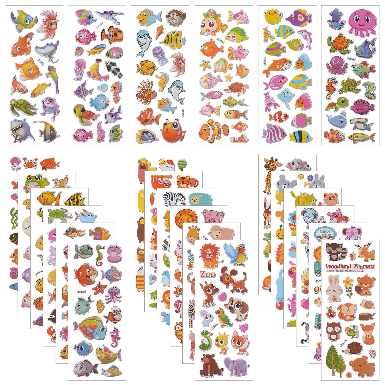 Vicloon 24Sheets - Fish Animals 3D Stickers, 380+ Puffy Stickers 24 Variety Sheets For Party Rewarding Gifts Scrapbooking Including Animals, Fish, Letter And More