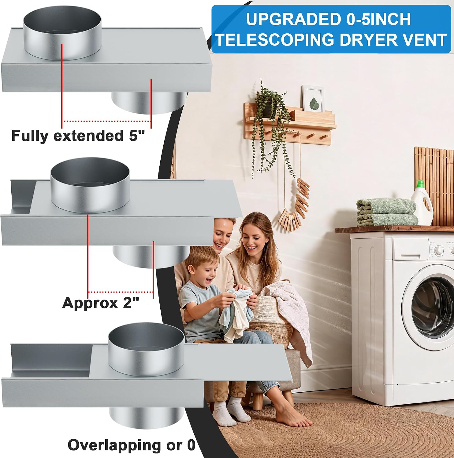 Upgraded 84049 Stainless Steel Periscope Dryer Vent, 0-5" Telescoping Adjustable Dryer Vent Connector Kit, Space-Saving Close-to-Wall Short Small Dryer Replacement Vents,Anti-Leakage Seal Ring & Clamp