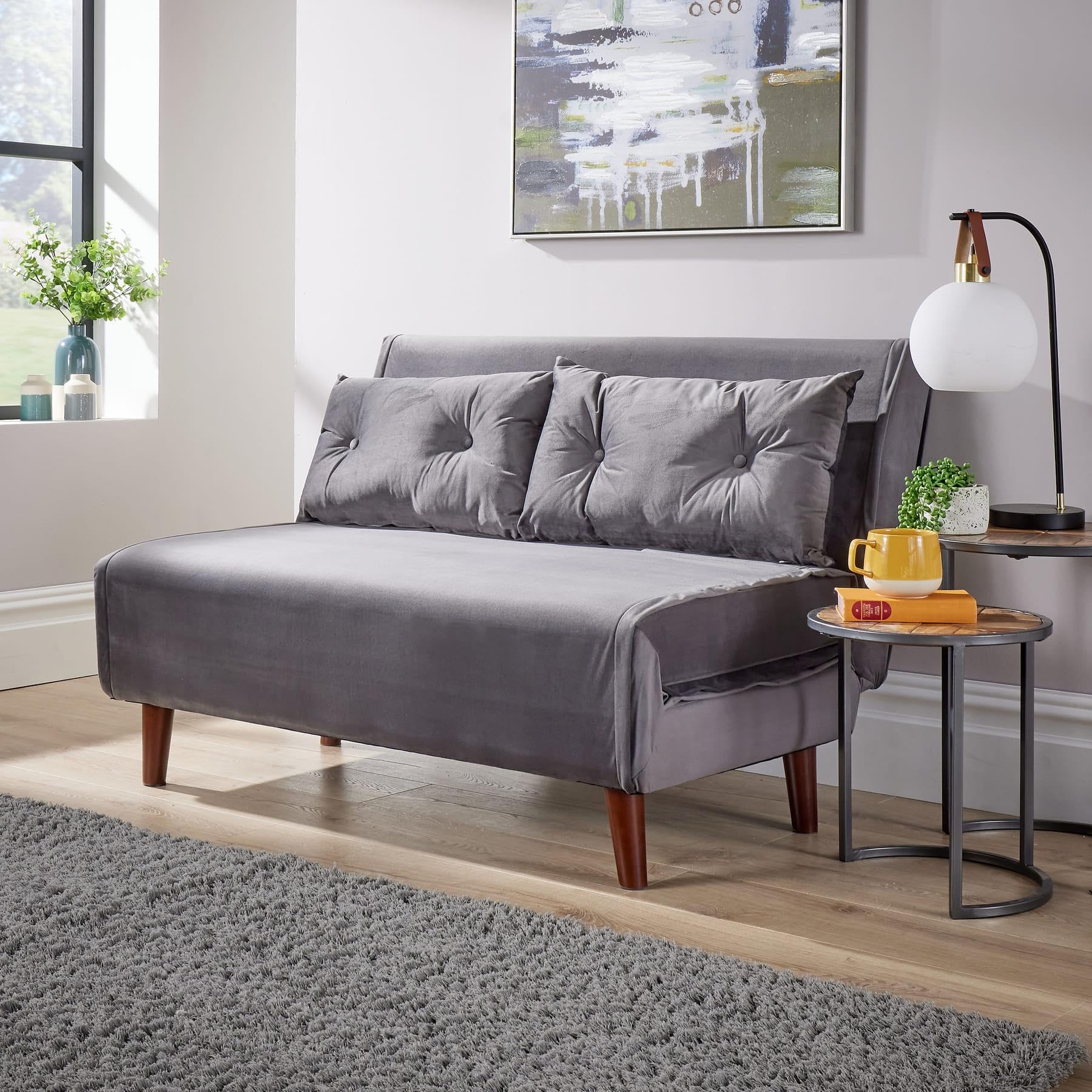 Home Source Double Sofa Bed Futon Couch, Folding Chair Recliner Settee, 2 Pillows, Grey Velvet