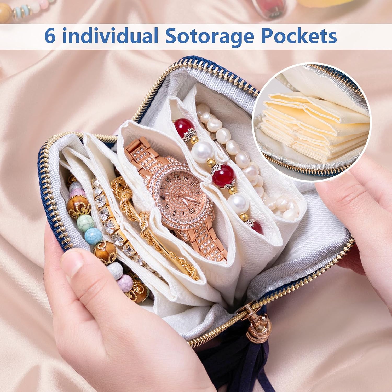 Small Travel Jewelry Case, 6-Layer Velvet Portable Jewelry Roll Pouch, Zipper Travel Jewelry Organizer Bag for Bracelet Rings Earring Watch Storage, Anti-Scratch & Tangle,Valentine Gifts for Women