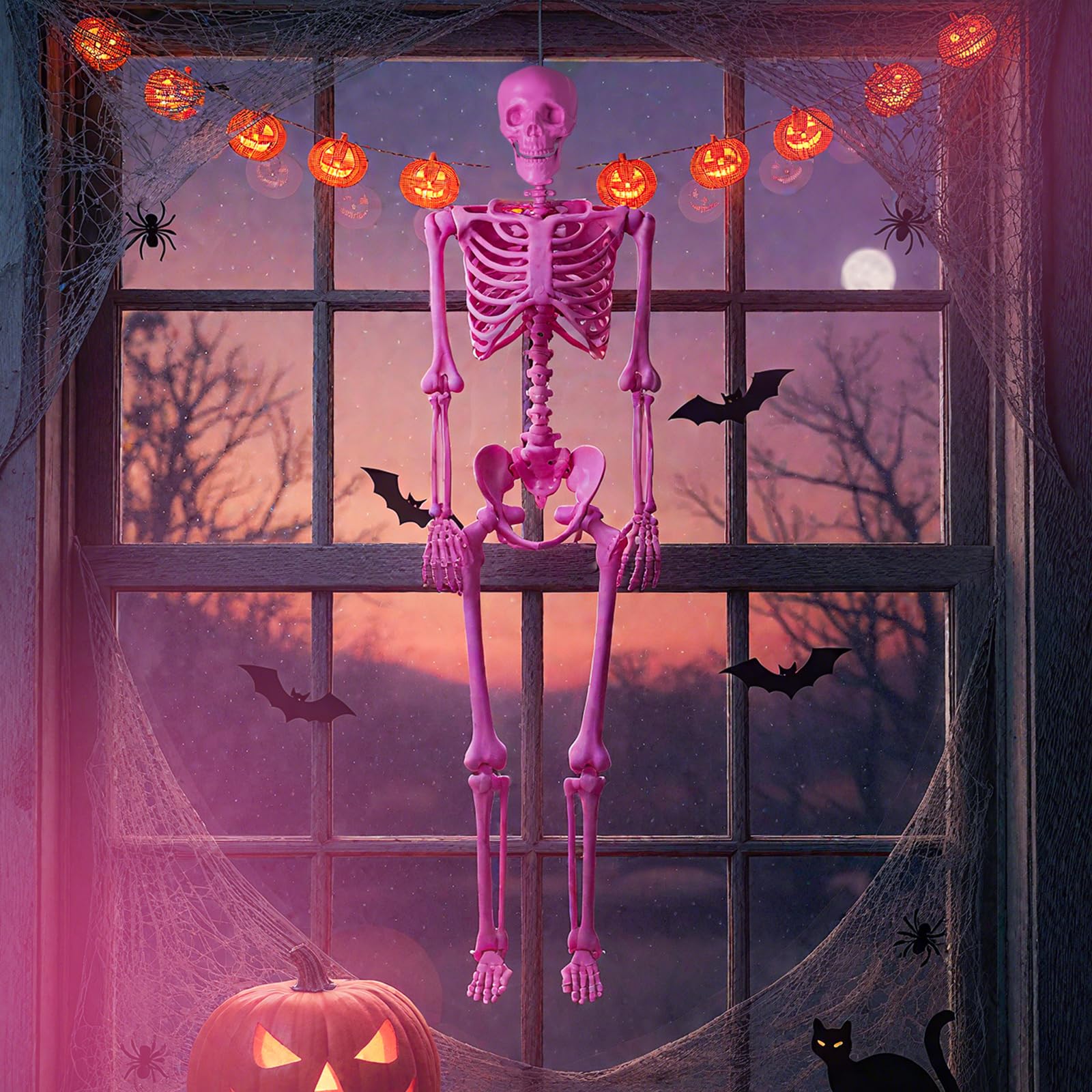 GYMAX 160 cm Halloween Skelett, lebensgroßes Bewegliches Skelett mit 8 Gelenken, Halloween Deko für Innen & Außen, als Skelett-Dekoration für Friedhofspartys & Spukhaus-Partys (Rosa)