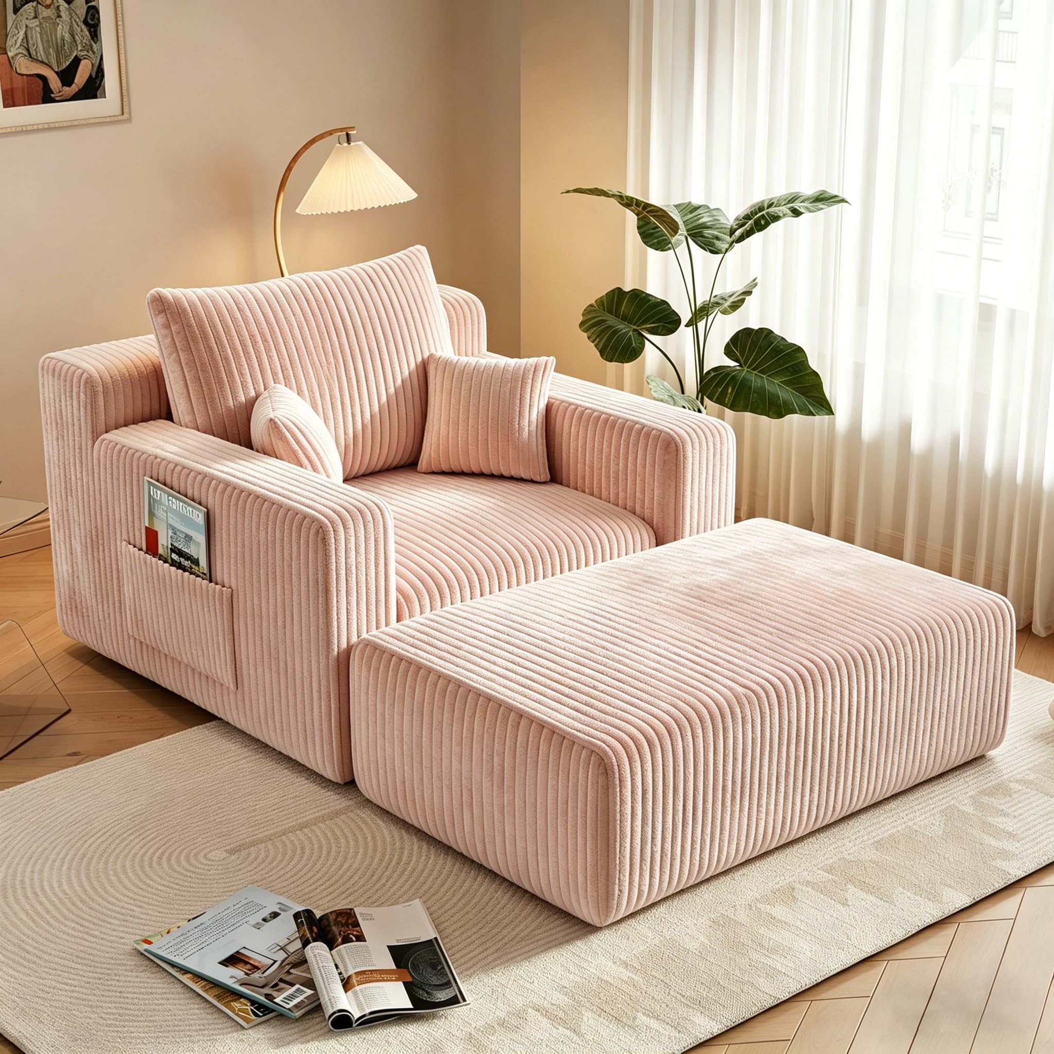 HAUSPROFI 2-in-1-Schlafsofa aus Cord mit Hocker für Gäste – Bodensofa mit 3 Kissen, Einzelsofa und Schlafsessel mit Seitentasche für Wohn- und Schlafzimmer