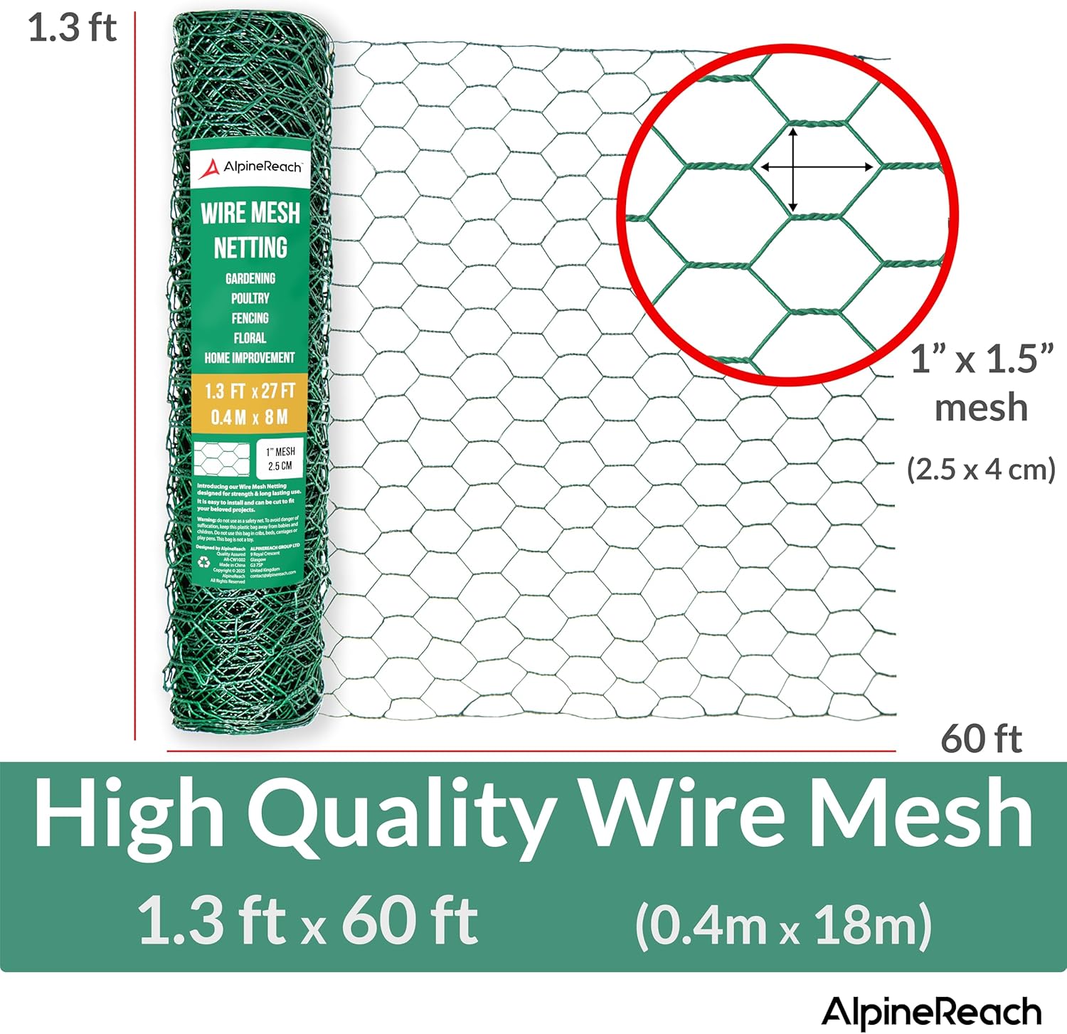 AlpineReach Chicken Wire 1.3ft x 60ft Fencing for Poultry, Crafts, Floral Arrangements, Zip Ties - Green Mesh Roll Galvanized Hexagonal PVC Coated Garden Netting for Gardening Fence (15.6" x 720")