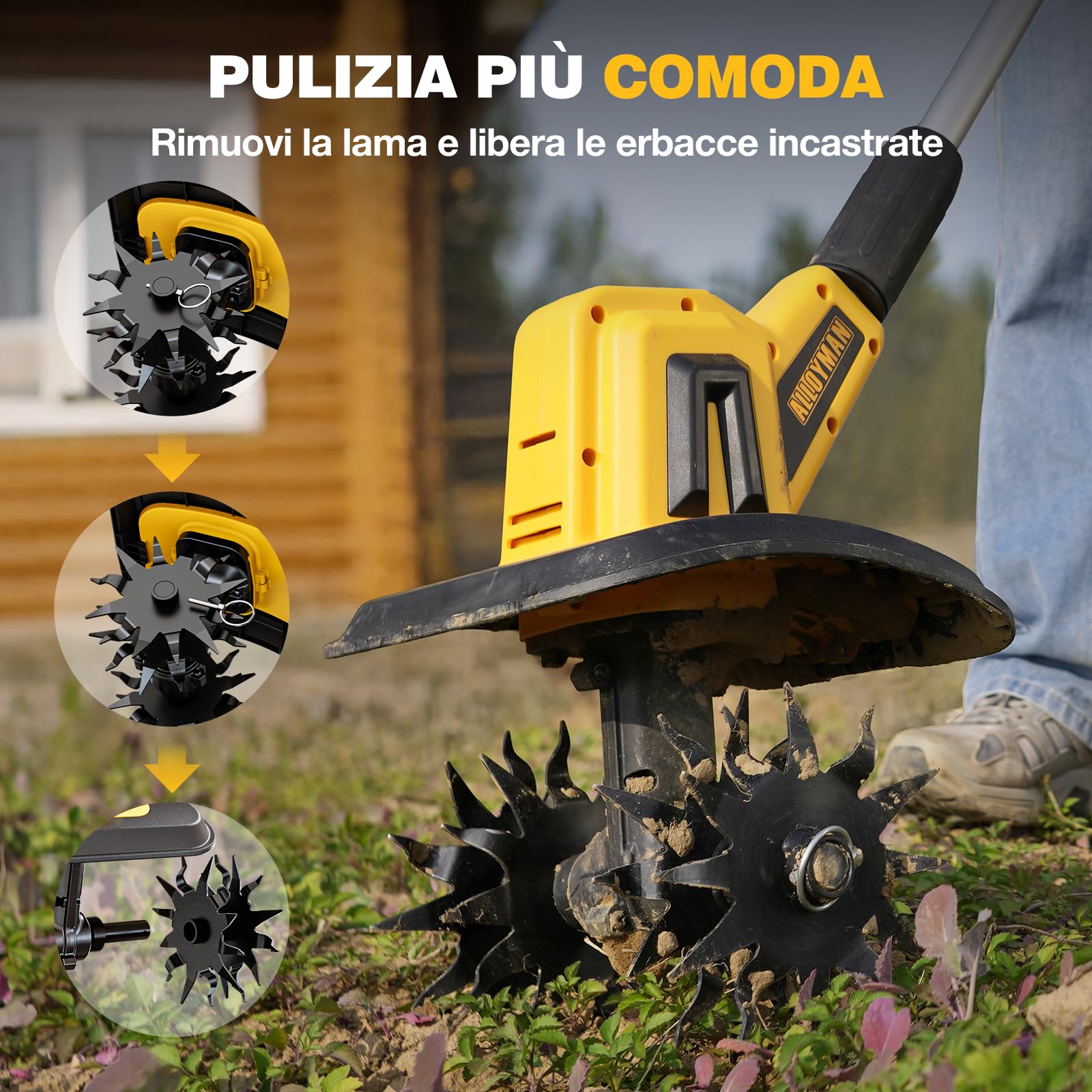Alloyman Motozappa elettrica da 20V, fresa da giardino, batteria da 360 giri/min, con 2 batterie da 4,0 Ah e caricabatterie, larghezza di lavoro 23 cm, profondità 17 cm, Motozappa per terreni
