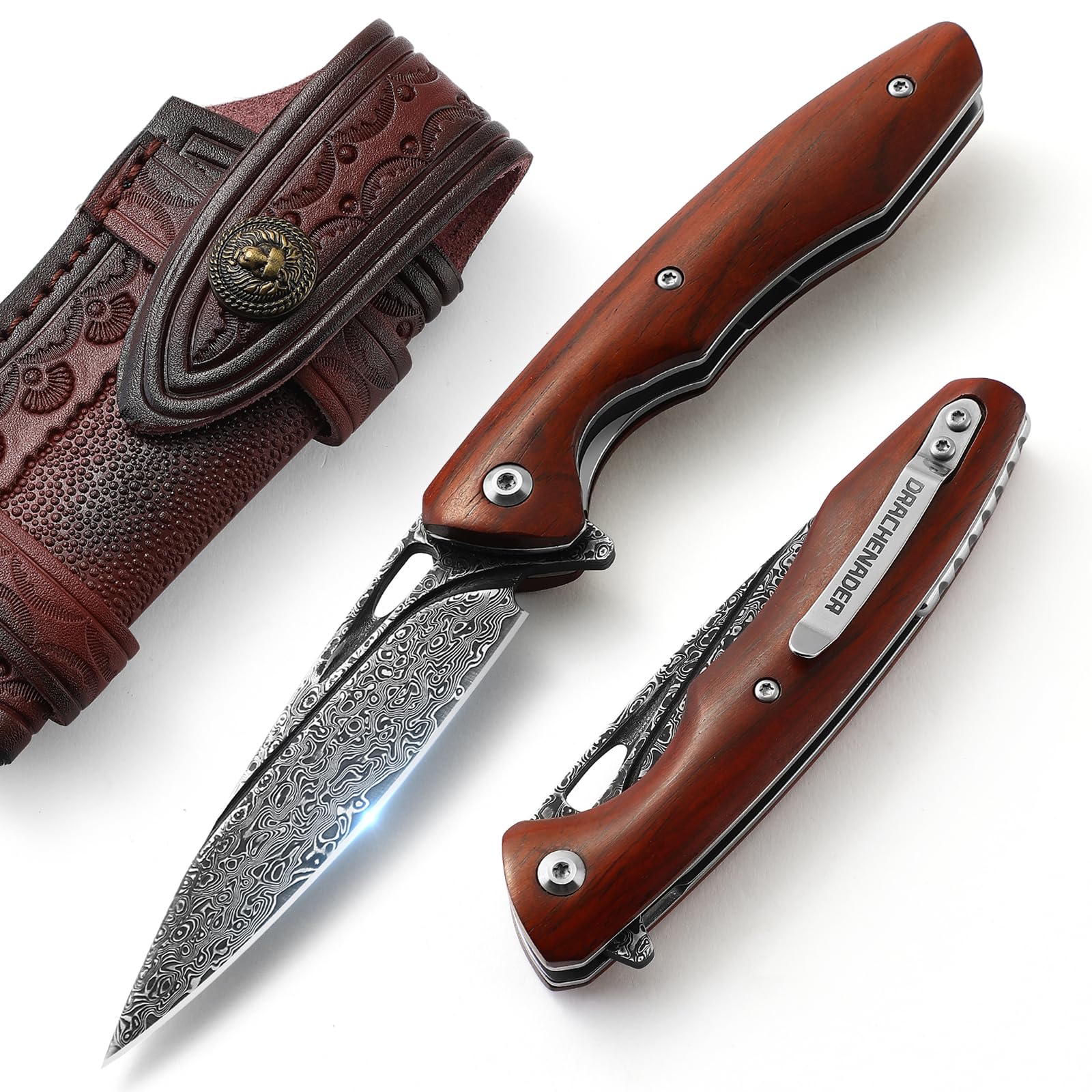 Pocket Knife Damascus Made of Damascus Steel with Clip Vg10 Core Wooden Handle Gift for Knife (A2- A Knife with Genuine Leather Sheath (Set))