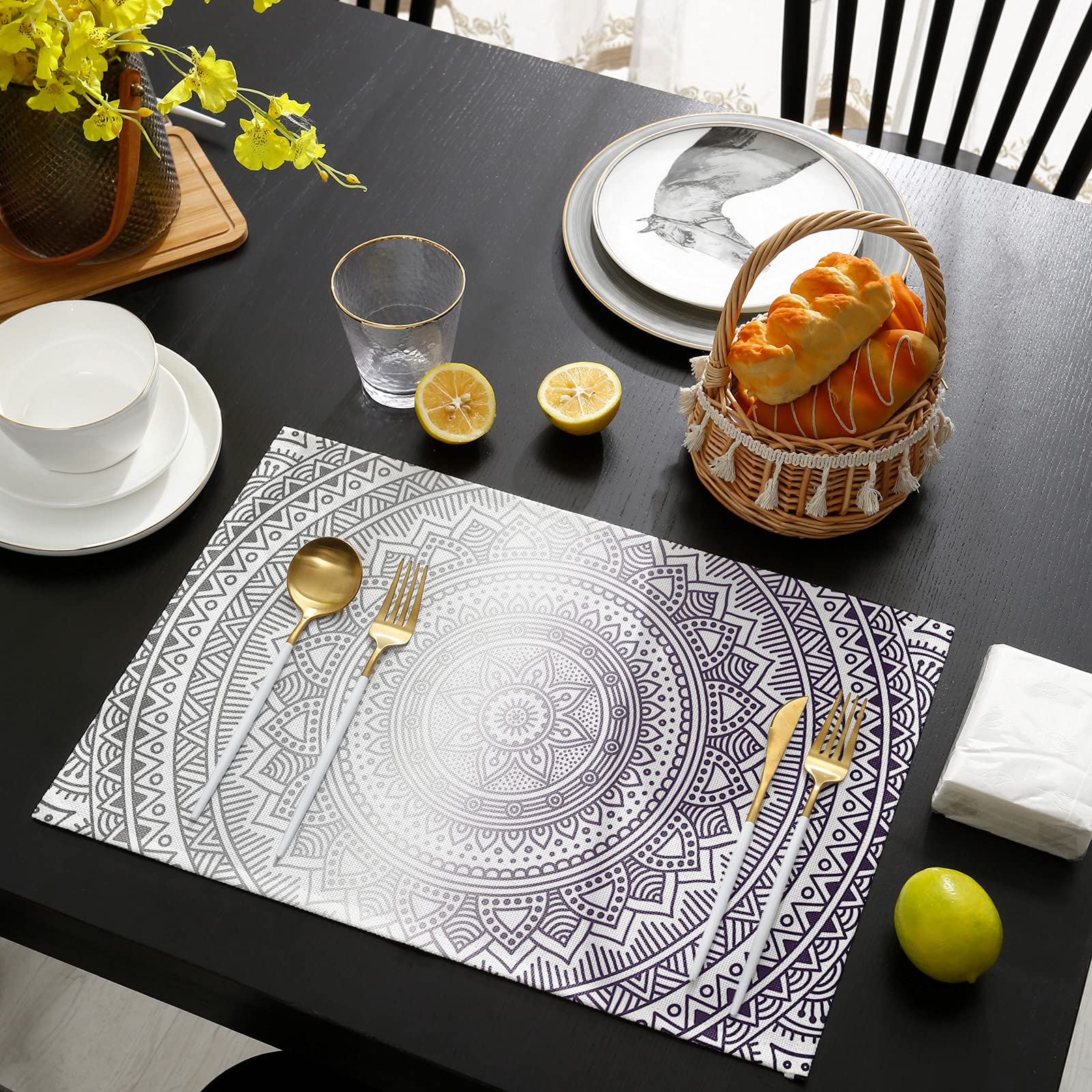 Lazone Placemats for Dining Table,Heat Insulation Washable Table Mats Set of 4, Purple Gray Floral Mandala Tribe Art Table Placemats Set Indoor and Outdoor Decorations