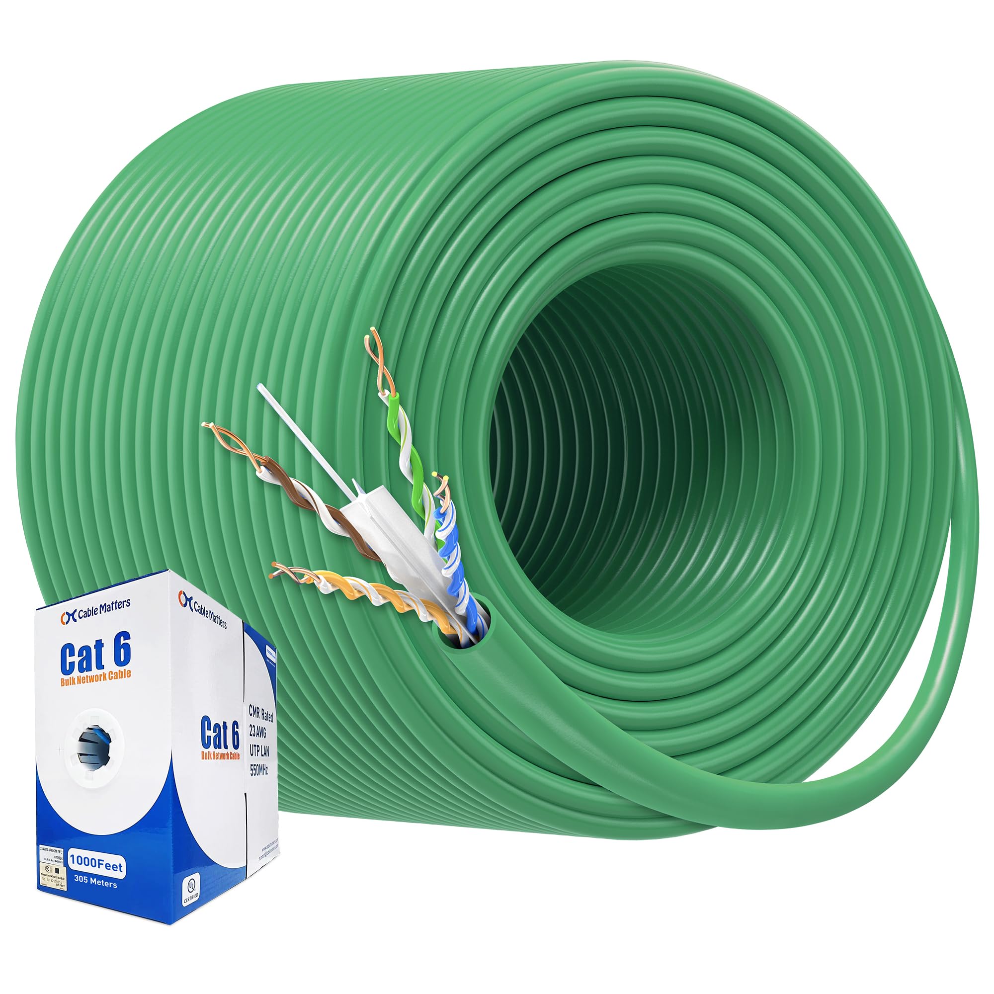 Cable Matters [UL Listed] 10Gbps in-Wall (CM) Rated 23AWG Bare Copper Cat 6 Cable - 1000ft, Solid, UTP Cat6 Bulk Ethernet Cable, Cat6 Ethernet Cord,