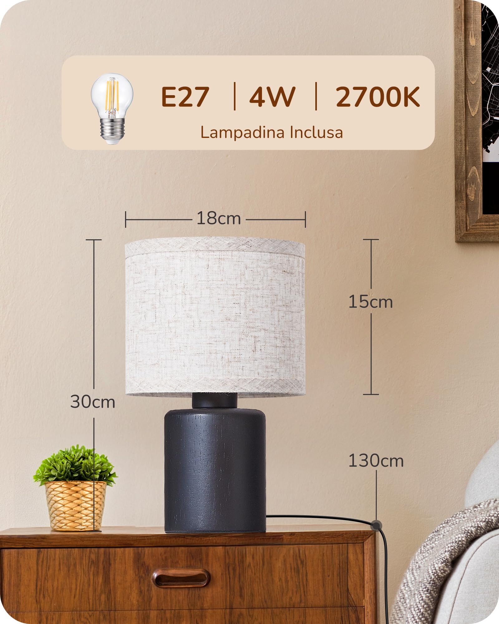 EDISHINE Lampada da Comodino in Legno, Lampada da Tavolo con Treppiede Attacco E27, Paralume in Lino Bianco Vintage per Camera da Letto, Soggiorno, Regalo