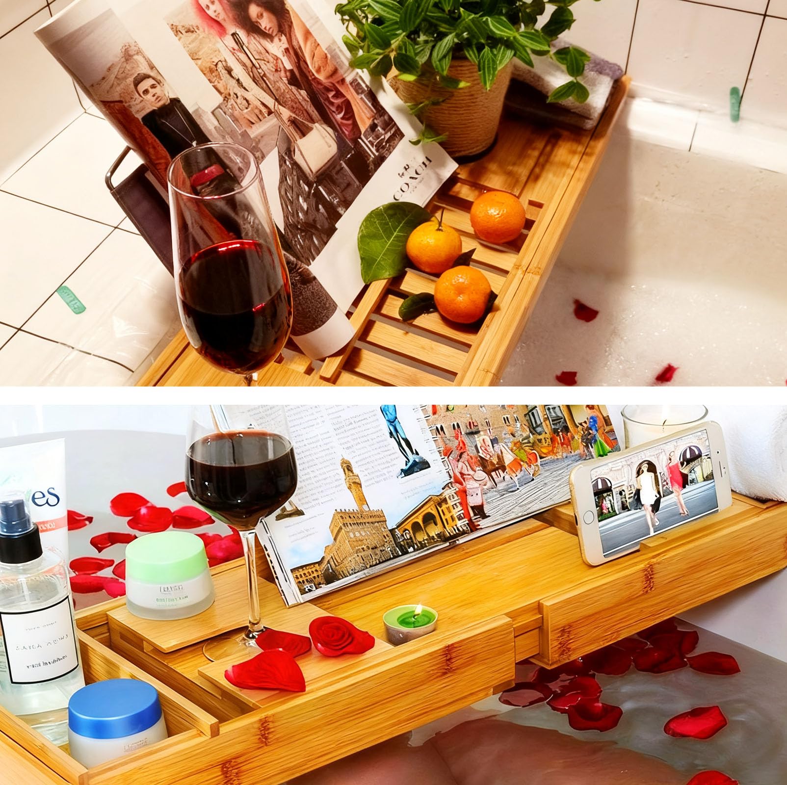Bandeja Bañera Bambú Extensible con Soporte Tableta & Ranura Sujeción, Bandejas de Baño Ampliable Retráctil 150cm, Accesorios Bañera Organizador Baño Plegable para Mayoría de Bañeras (Natural)