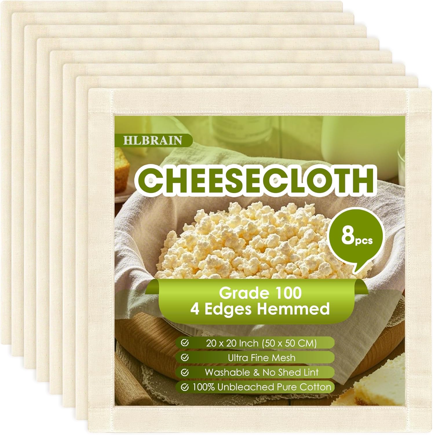 Hemmed Cheesecloth, 8 PCS, 20″ x 20″, Grade 100 Unbleached Pure Cotton Muslin, Precut Reusable Washable Fine Mesh Cheese Cloths – for Straining, Cooking, Cheese Making Hemmed Cheesecloth, 8 PCS, 20″ x 20″, Grade 100 Unbleached Pure Cotton Muslin, Precut Reusable Washable Fine Mesh Cheese Cloths – for Straining, Cooking, Cheese Making