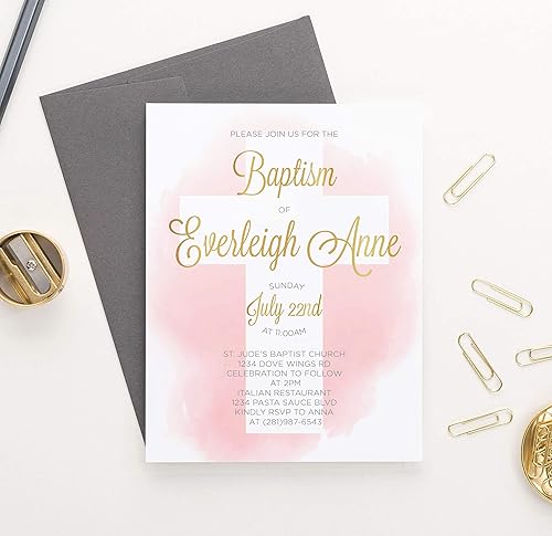 Miniatura 3 de Pink and Gold Watercolor Baptism Invitations for Girls, Personalized Baptism Invites for Girls, Your choice of Quantity and Envelope Color