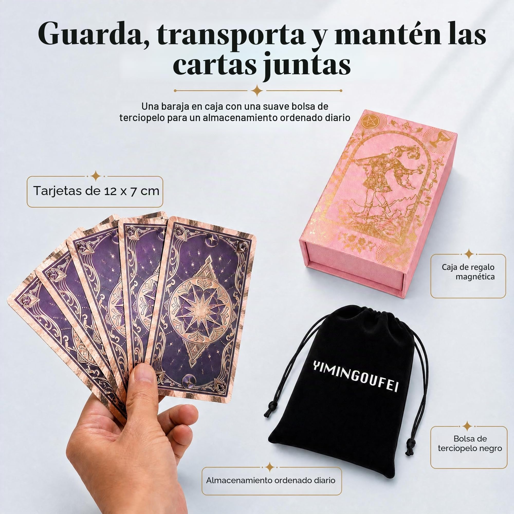 Baraja Tarot Rider Waite en Inglés con Lámina Dorada, 78 Cartas + 2 de Repuesto, Tarot Holográfico Impermeable con Bolsa de Terciopelo y Manual de Instrucciones