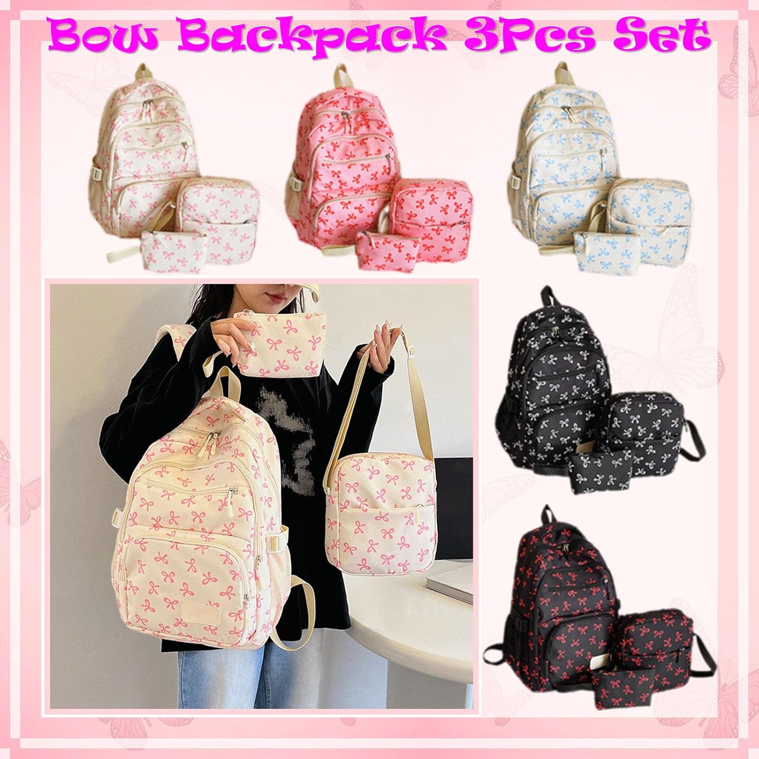 3PCS Set Bow Backpack For Girls,2025 New Pink Bow Backpack for School,Preppy Backpacks With Bows (Blue,Medium)