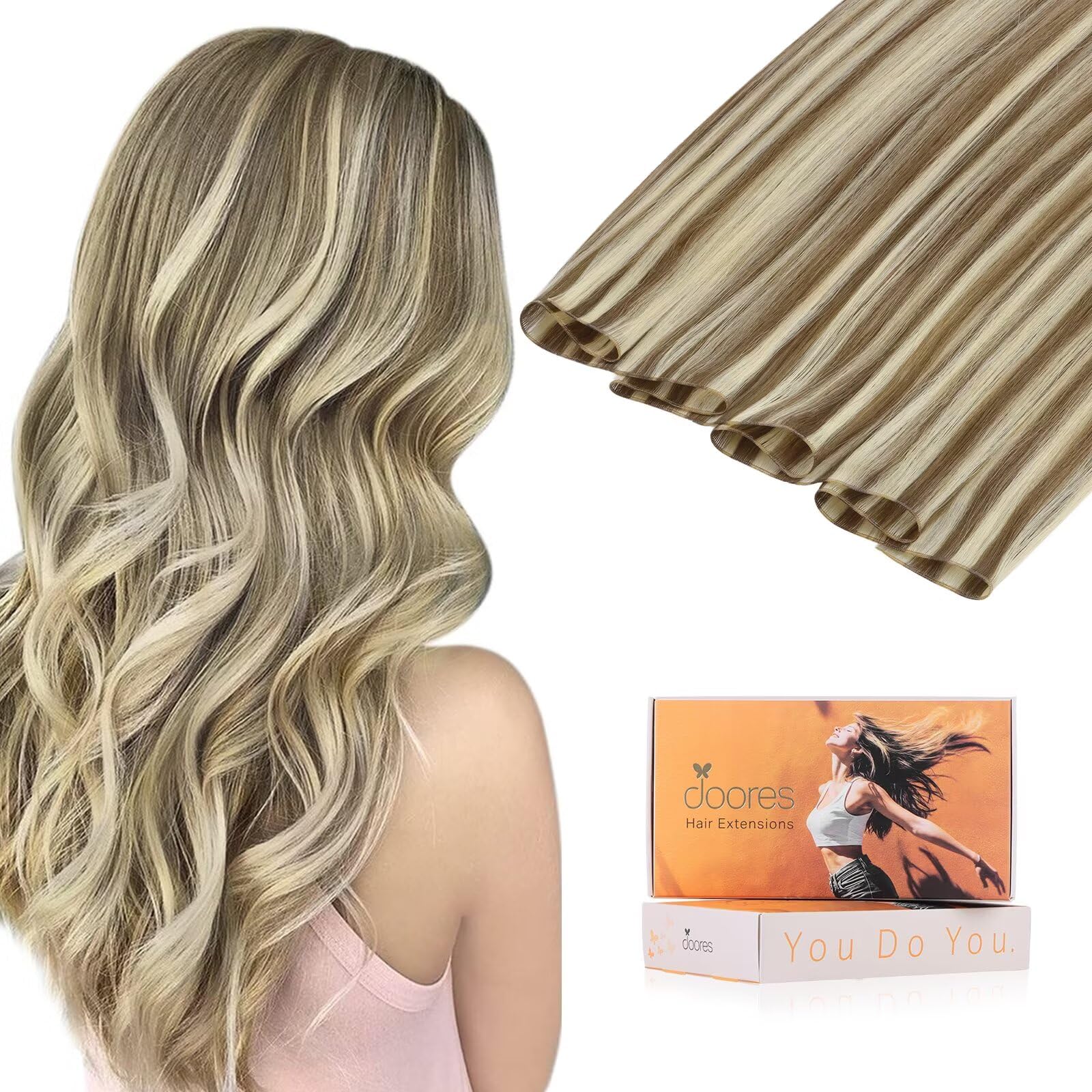 DOORES Hand Tied Weft Hair Extensions Human Hair, 18 Inch Ash Brown to Platinum Blonde 50g, Hair Extensions Human Hair Natural Straight