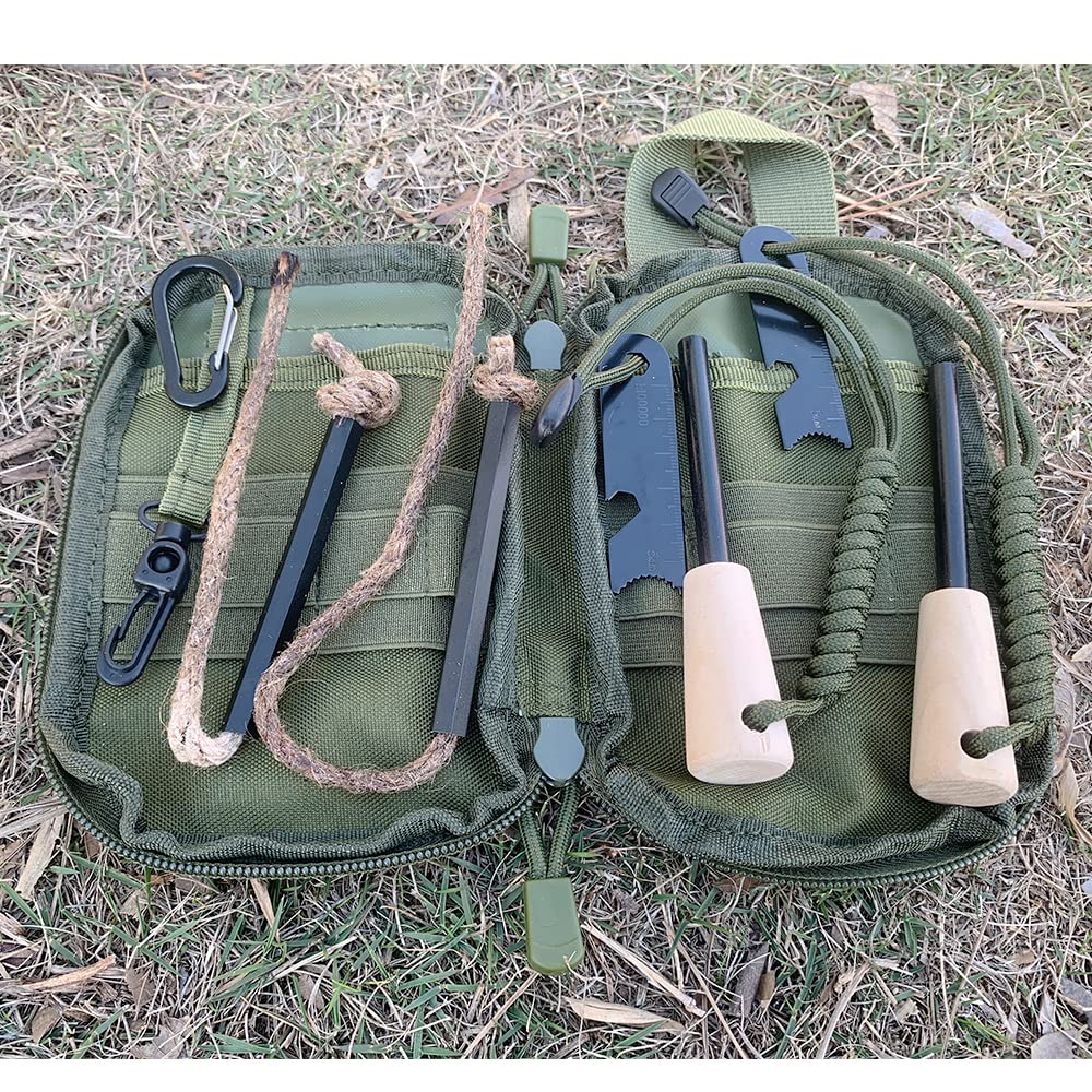Zestaw survivalowy Fire Starter, większy pręt ferro ze smyczą 7,6 cm, długi krzemień i stal, sznurek konopny 35 cm, wielofunkcyjna torba (zielona - więcej akcesoriów)