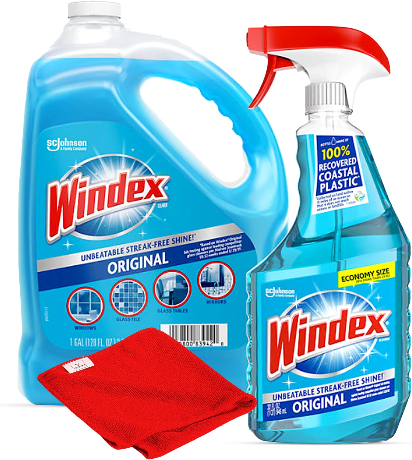 Glass Cleaner 2 Spray 32 fl oz each and 1 Refill 2 Liters Original No Scent With Microfiber Cleaning Cloth