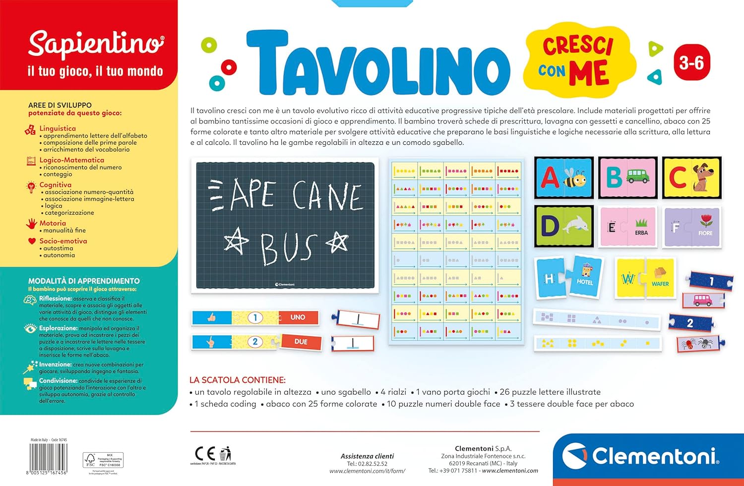 Clementoni - Sapientino-Cresci con Me Evolutionary Table, Children's Multiactivity Table, Educational Game 3 Years (Italian Version) -Made in Italy, Multicoloured, 16745