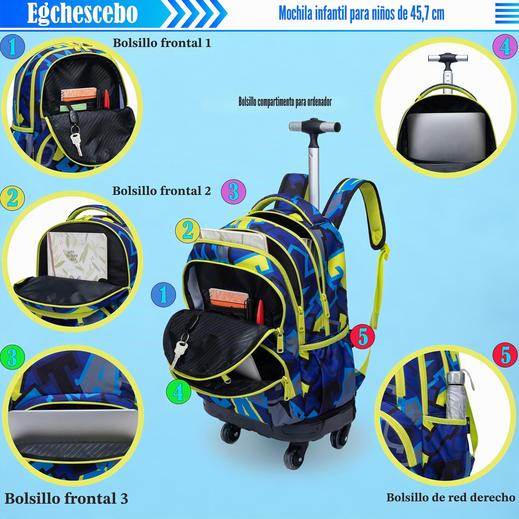 Mochilas Escolares con Ruedas Carro Niño Rodillos Giratorios Carrito para Escolar Bolso de Viaje Estuche Stitch Chicos 17" 3PCS Maleta Colegio Grande Infantil Niños Alfabeto Amarillo