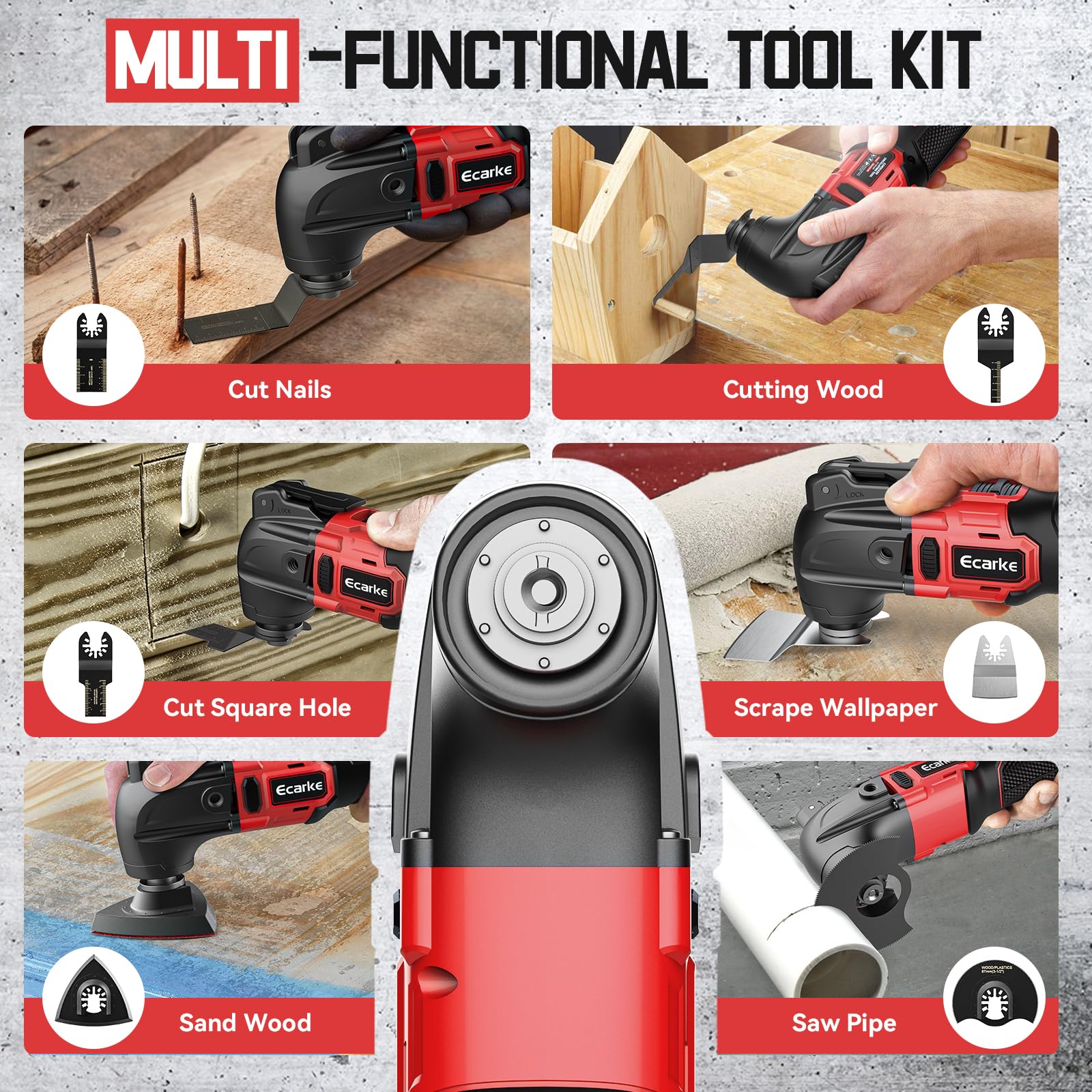 Ecarke Multiherramienta Oscilante Compatible con Baterías M-ilwaukee 18V, con 6 Velocidades Ajustables y Motor sin Escobillas para Raspar, Limar, con 23 Accesorios(Solo Herramienta)-Rojo