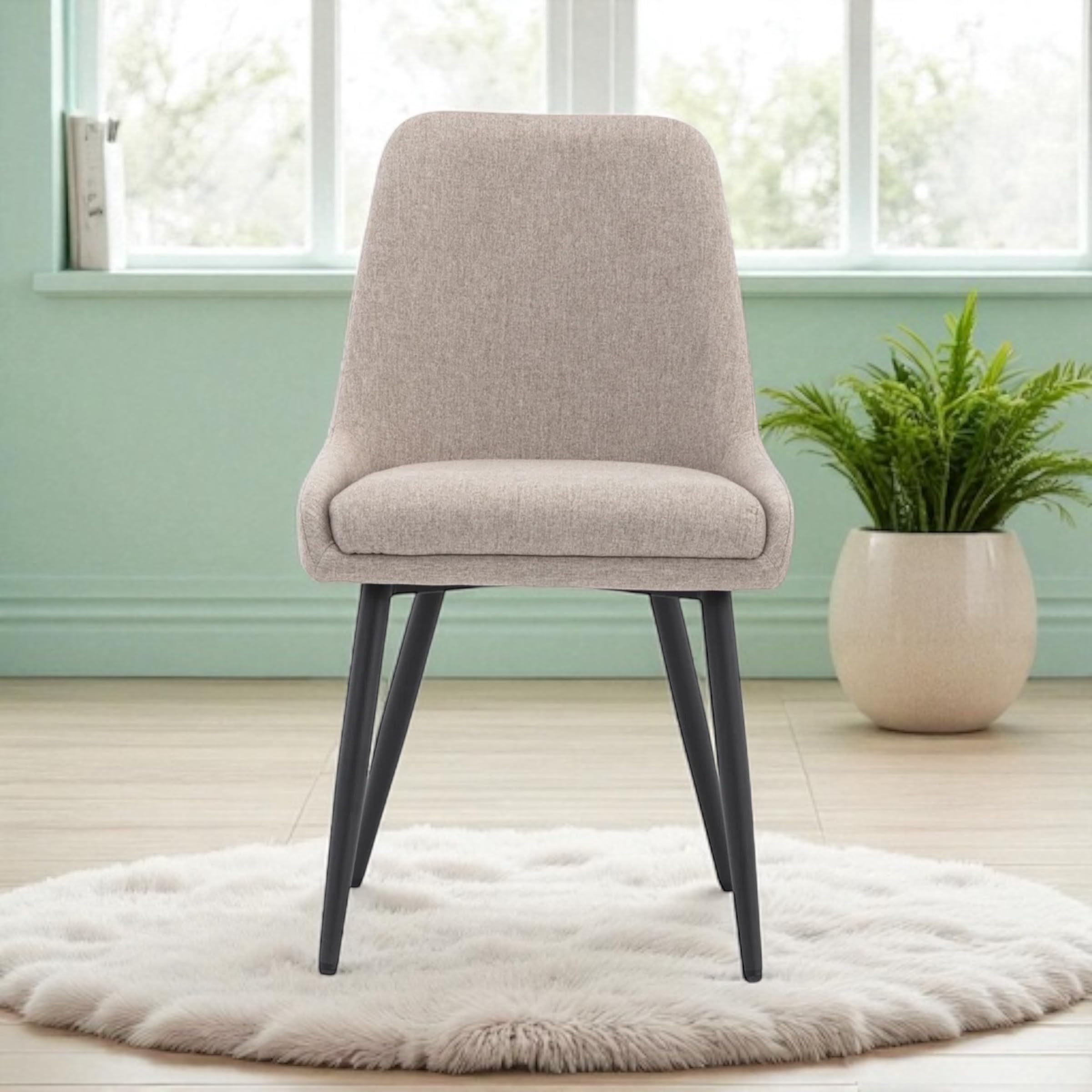 Finch Fox® Morris Glam Comfortable Fabric Upholstered Padded Living Room Side Dining Chair for Cafeteria Bedroom, Restaurents, Home, Office with Black Metal Legs in Beige Color-image-10