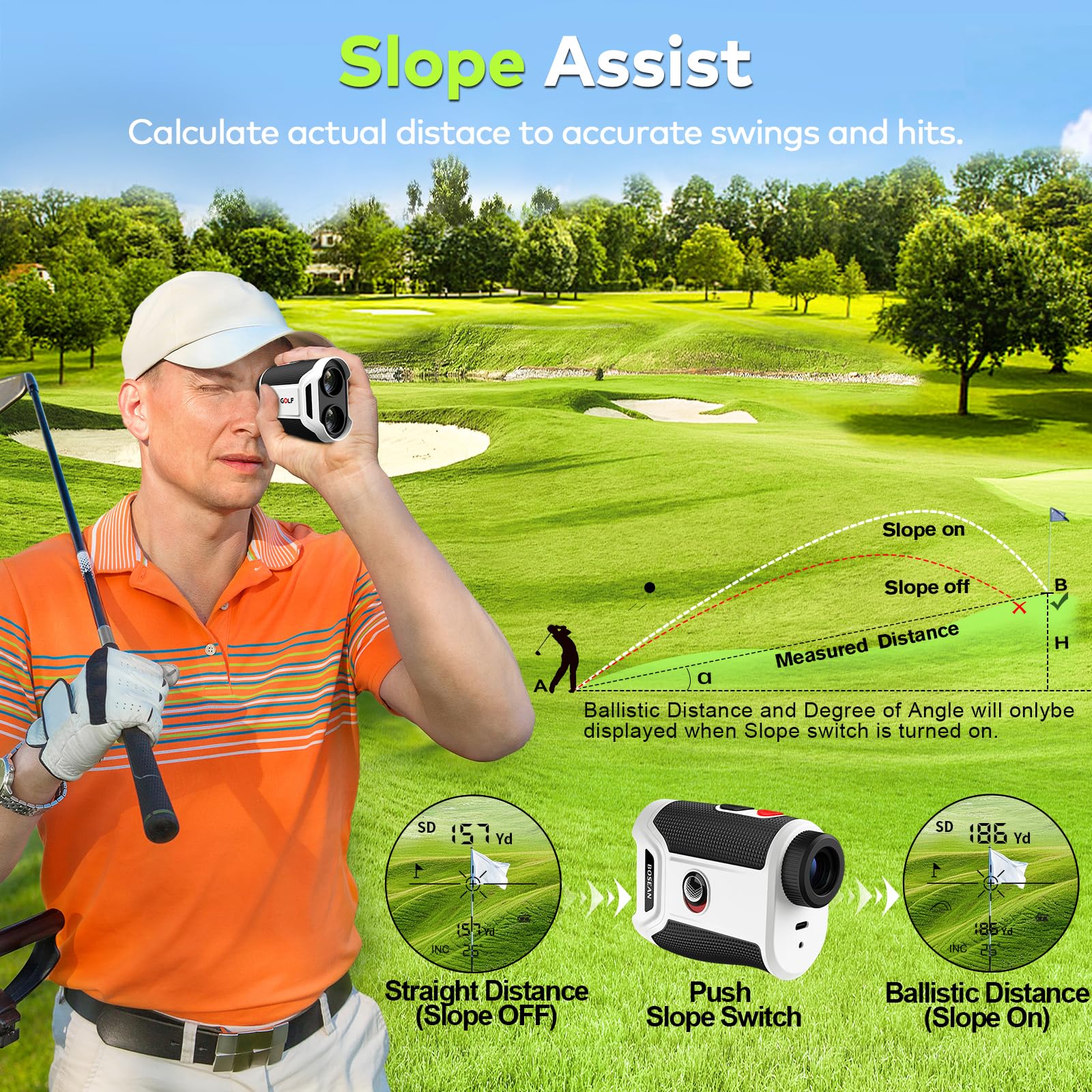 Golf-Entfernungsmesser mit Neigungsschalter, 1200 Yards ±0,5 Yards hohe Präzision, magnetische Halterung, Vibrations-Flaggenverriegelung, USB-C-aufladbar und IP54 wetterfest