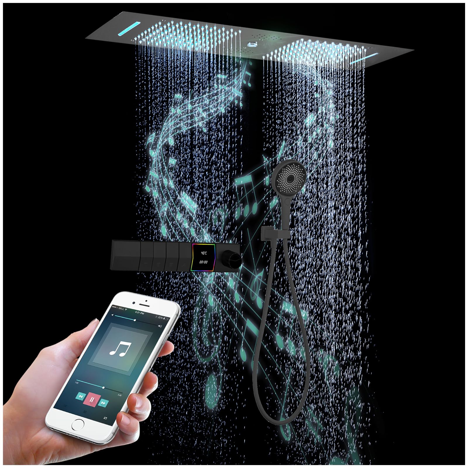 Sistema Doccia Termostatico Con Musica, 300x900mm Led 64 Colori 4 Funzioni Colonna Doccia A Incasso, Pioggia, Cascata, Colonna D'Acqua, Doccetta A 3 Funzioni,Corpo Termostatico In Ottone（Nero）