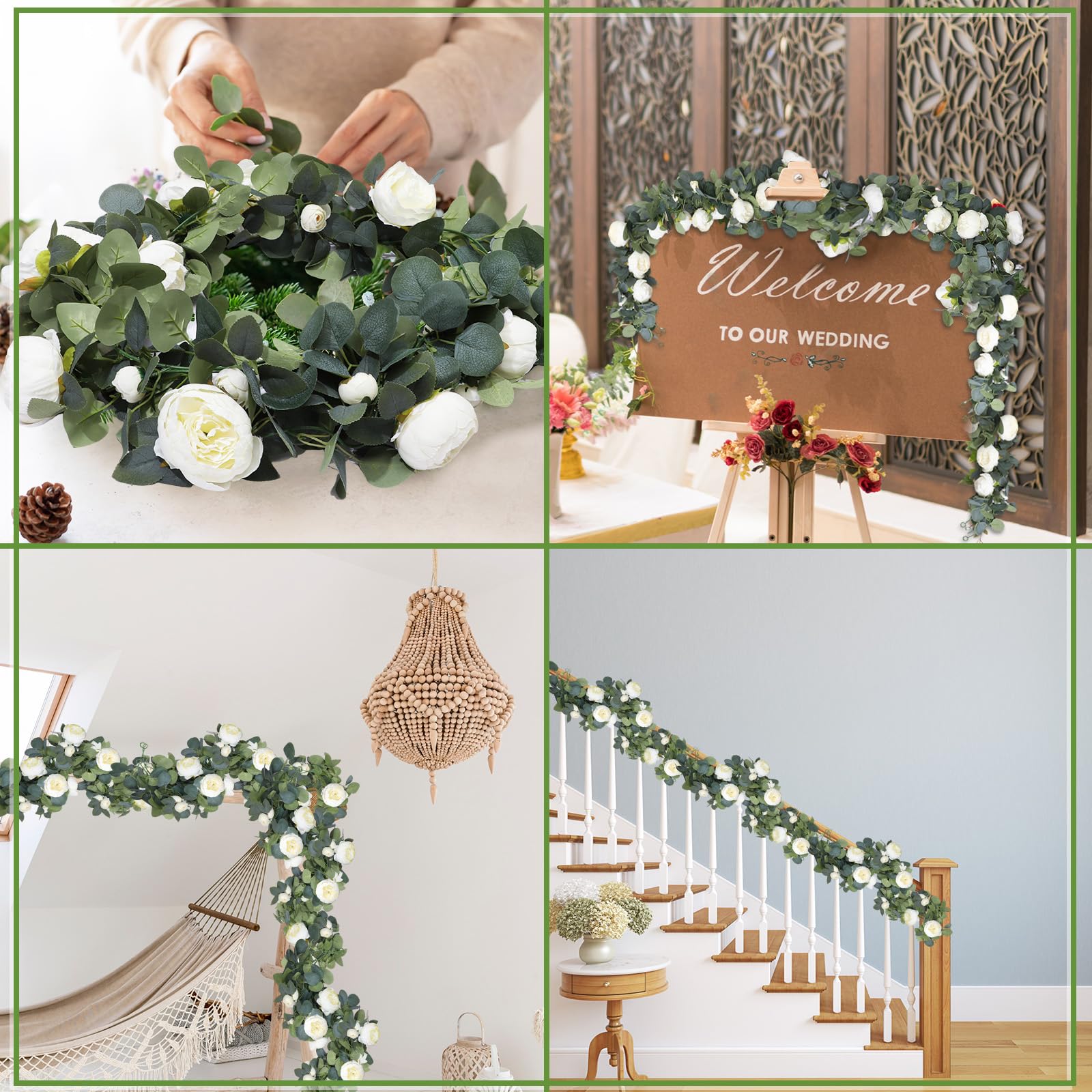 Zeyune 4 Pcs 21 ft Eucalyptus Garland with Flowers Artificial Floral Garland Wedding Flower Garland Decorations Fake Vines with Flowers Peony Greenery Garland for Party Table Arch Shower Decor, White